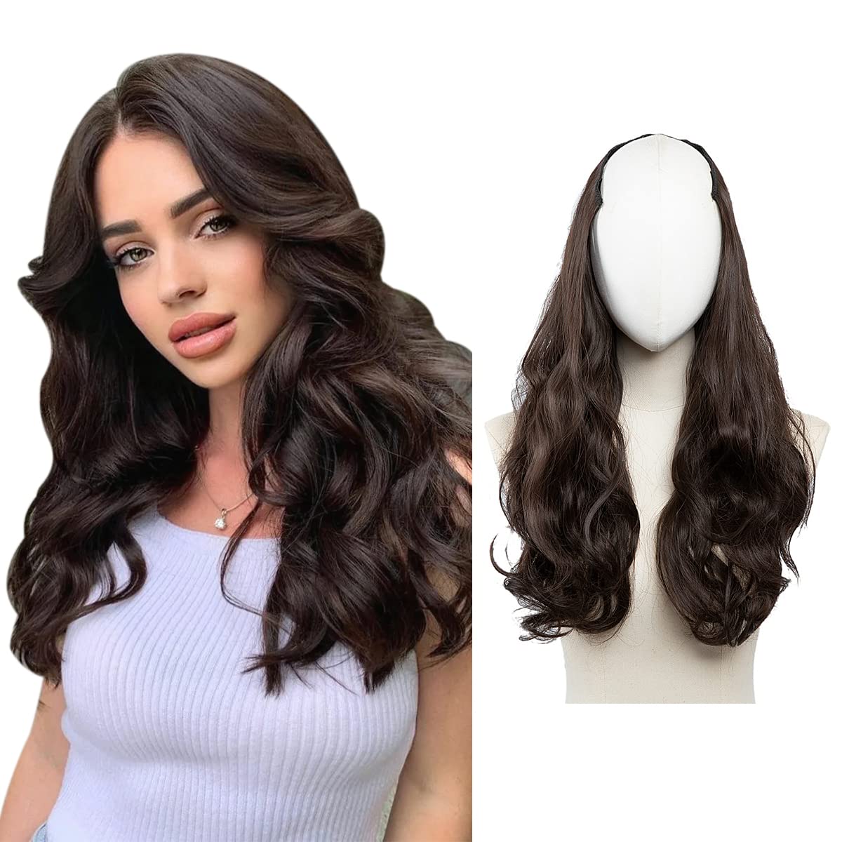 Sarla Dark Brown Clip In U Part Hair Extensions Full Head Long Curly Wave Synthetic Hairpiece For Women 24 Inch