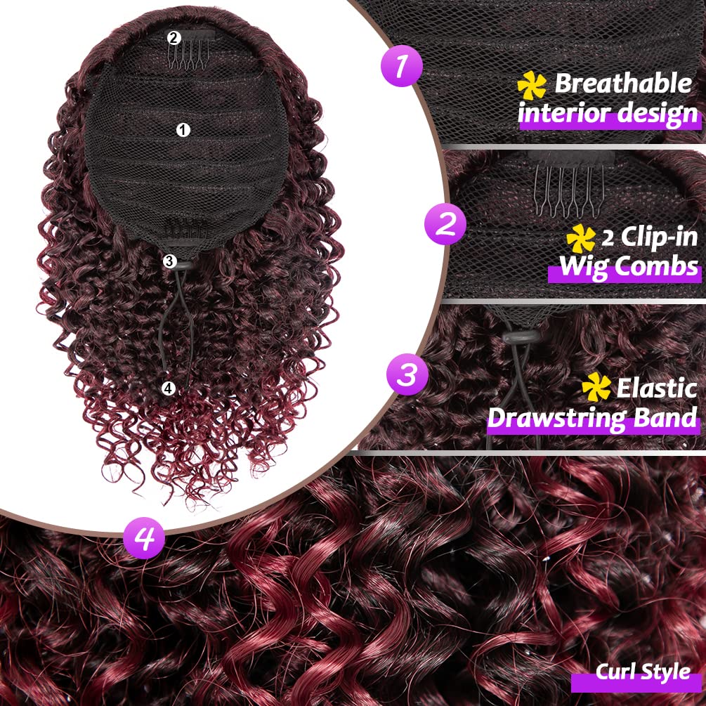 Short Kinky Curly Ponytail Extension For Black Women, 10 Inch Ombre Natural Black To Burgundy Drawstring Curly Ponytail With Two