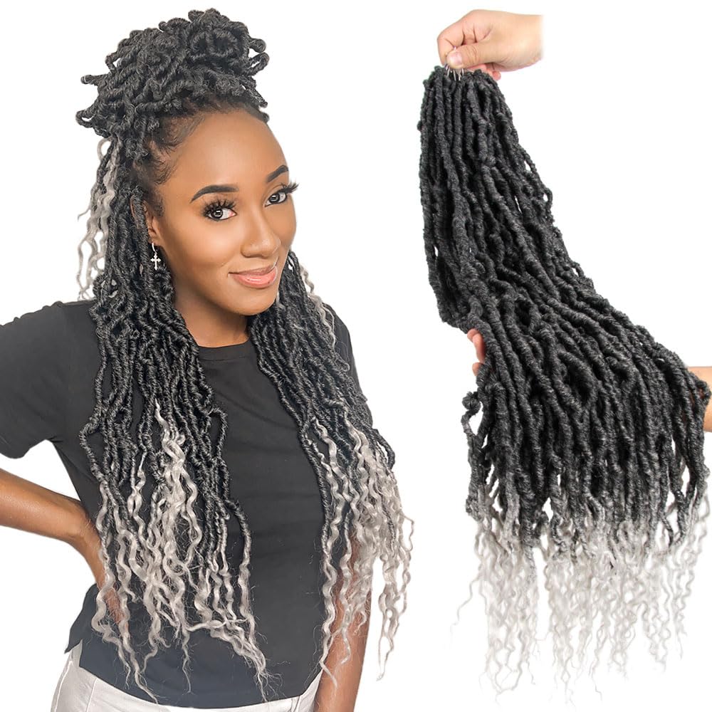 BOHOBABE Faux Locs Crochet Hair 24 Inch, Boho Soft Crochet Locs with Curly Ends, Long Gray Bohemian Goddess Locs Crochet Braids 