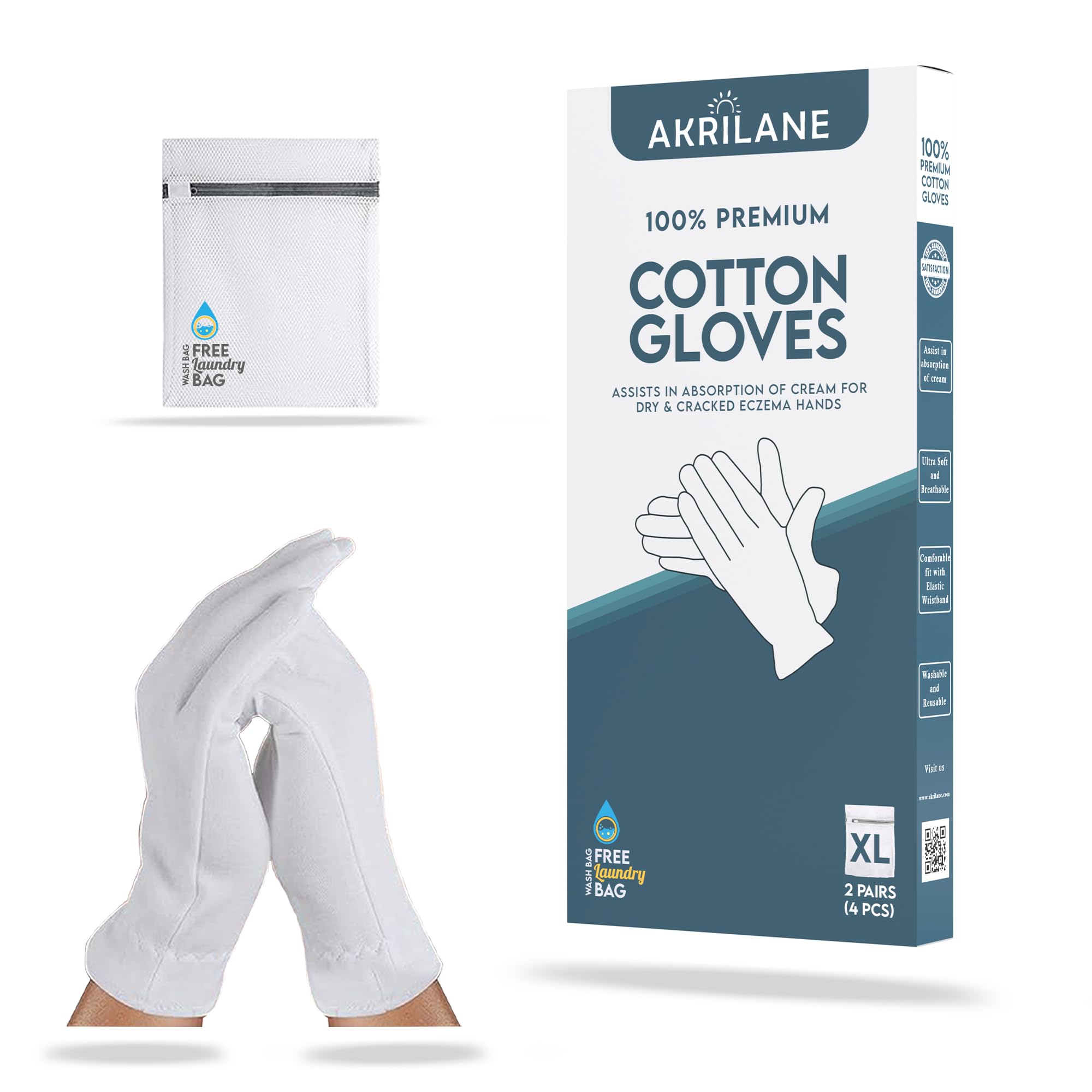 Xl Extra Large 2 Pairs 100% Premium Cotton Gloves For Dry Hands | Moisturizing Overnight Gloves For Eczema, Psoriasis & Skin Spa