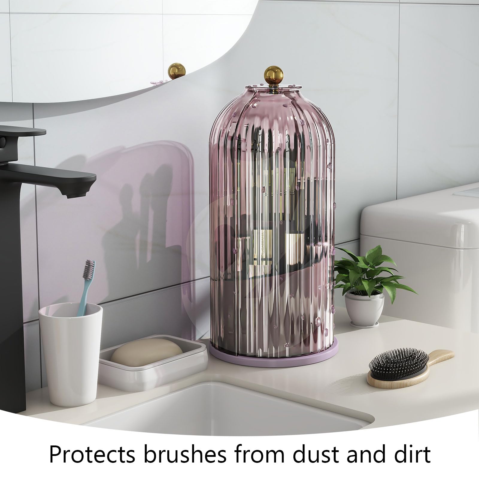 Emljkvp Makeup Brush Holder With Dustproof Cover 360 Rotating Makeup Brush Organizer For Vanity Bathroom, Pink