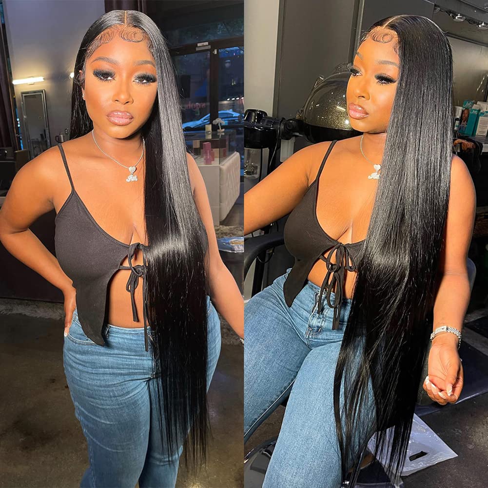 Metamuclia Hair 34 Inch Long Straight Lace Front Wigs Human Hair Pre-Plucked 180% Density 13X4 Hd Lace Frontal Human Hair Wigs F