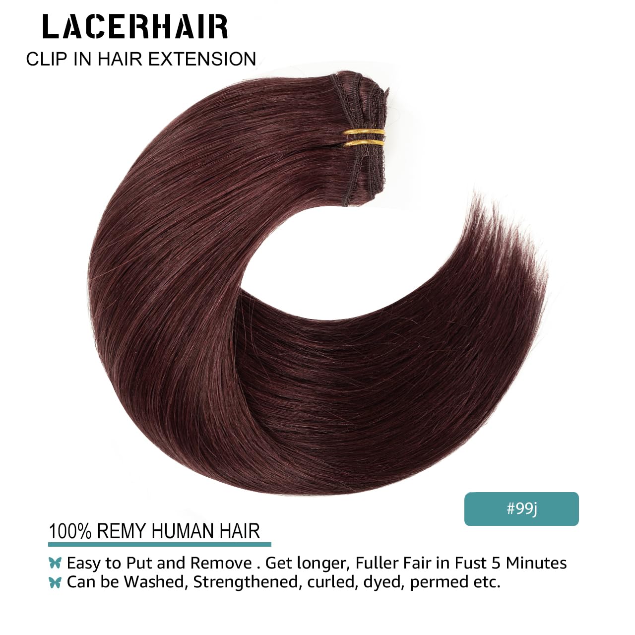 Lacer Hair Real Clip In Hair Extensions #99J Deep Burgundy Color Real Hair Extensions Clip In Double Weft Remy Hair Clip In Exte