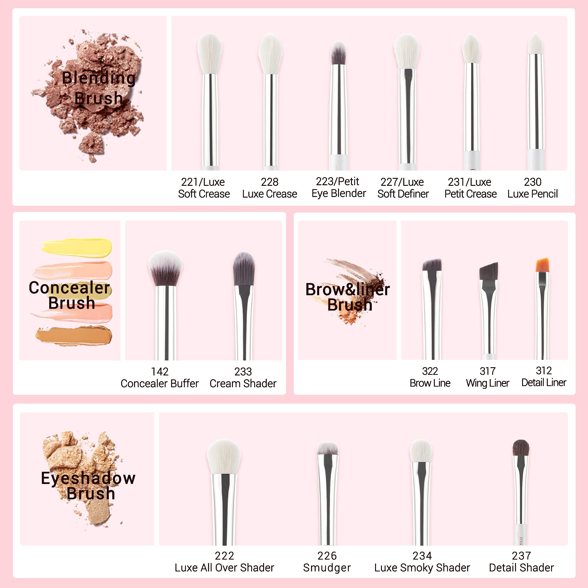 Jessup Small Eye Makeup Brush Set Professional 15pcs White/Silver Premium Natural-synthetic Eye Shadow Blending Concealer Eye &
