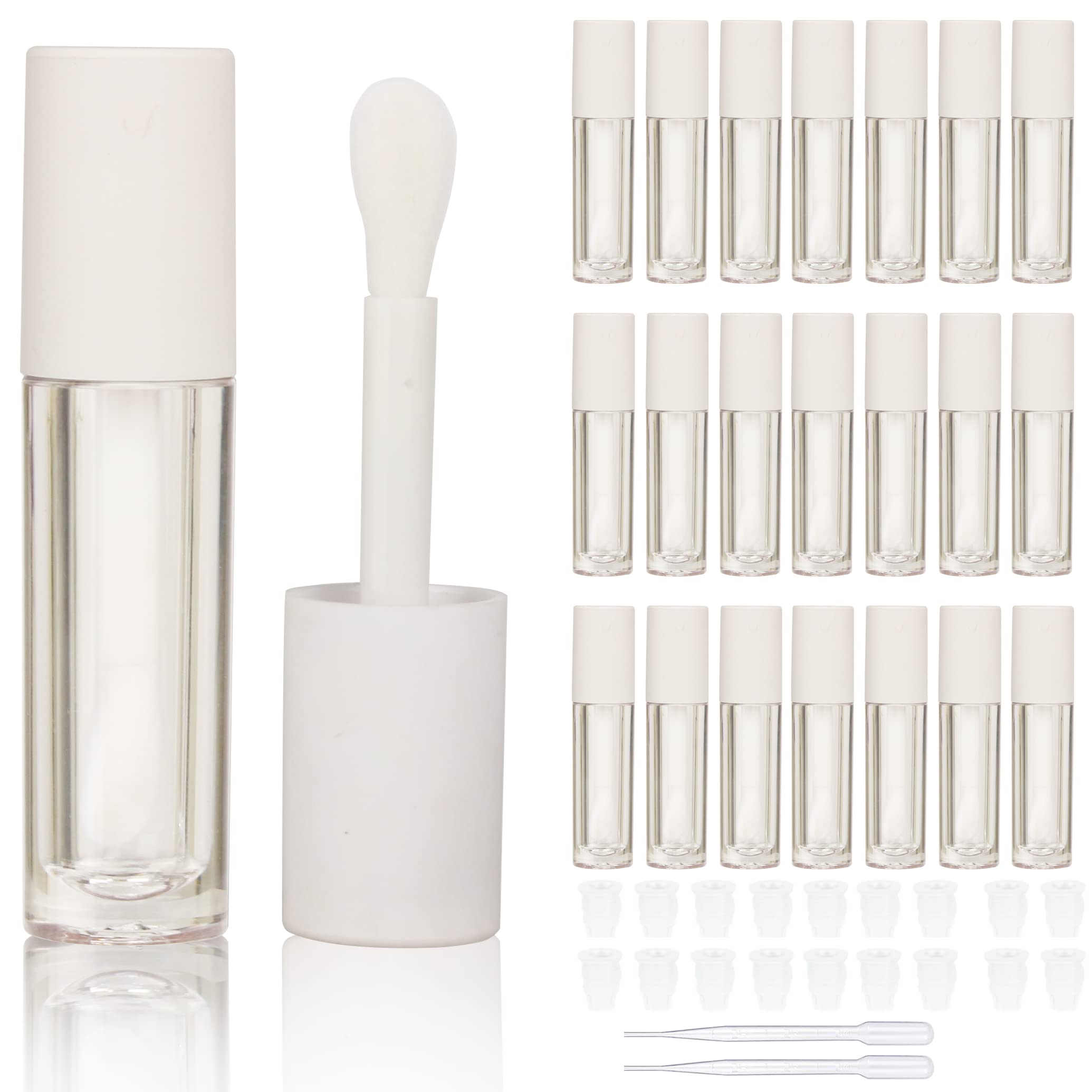 COSIDEA 24 pcs Empty 5ml big brush lip gloss tube White round lipgloss tubes container with big doe foot wand
