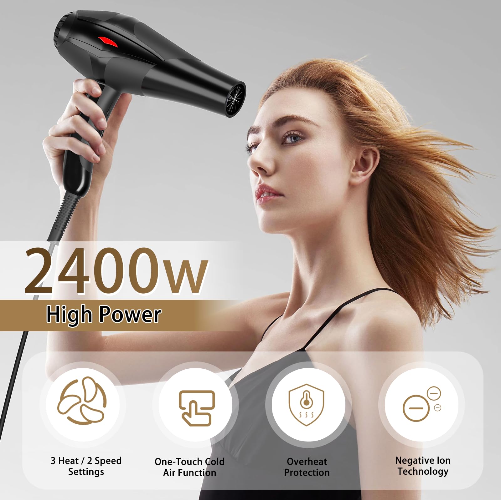 Hair Dryer Professional Ionic Salon Hair Dryer 2400W Powerful Fast-Drying Blue Light Ionic Hair Dryers With Diffuser, Ac Motor C