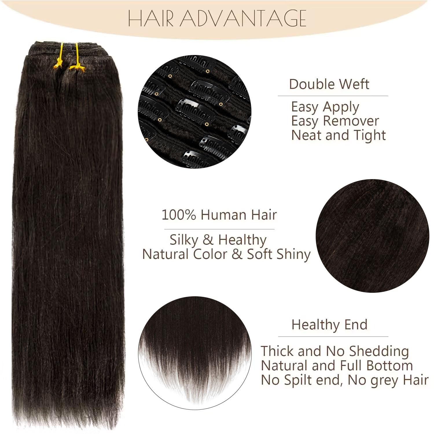 Loxxy Light Yaki Straight Human Hair Clip Ins Hair Extensions Full Head Natural Black Hair Extensions For Black Women Relaxed Ha