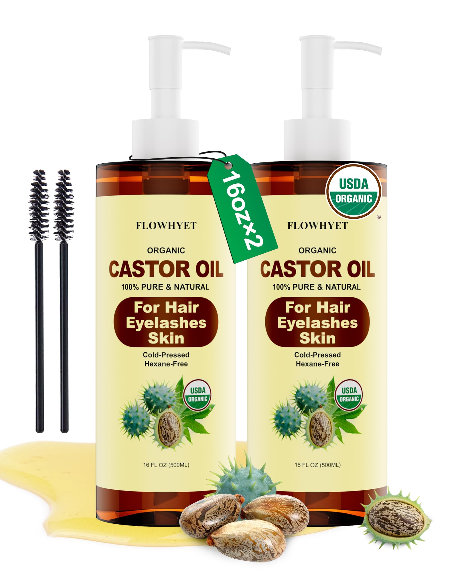 FLOWHYET Organic Castor Oil for Hair Growth, Pure Eyelash Eyebrow Serum