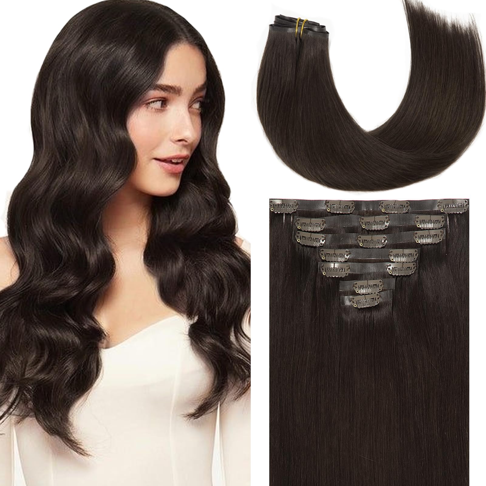 Loxxy 18Inch Glam Seamless Clip in Hair Extensions Human Hair Darkest Brown Invisible Clip in With PU Weft Natural Brown Hair Ex
