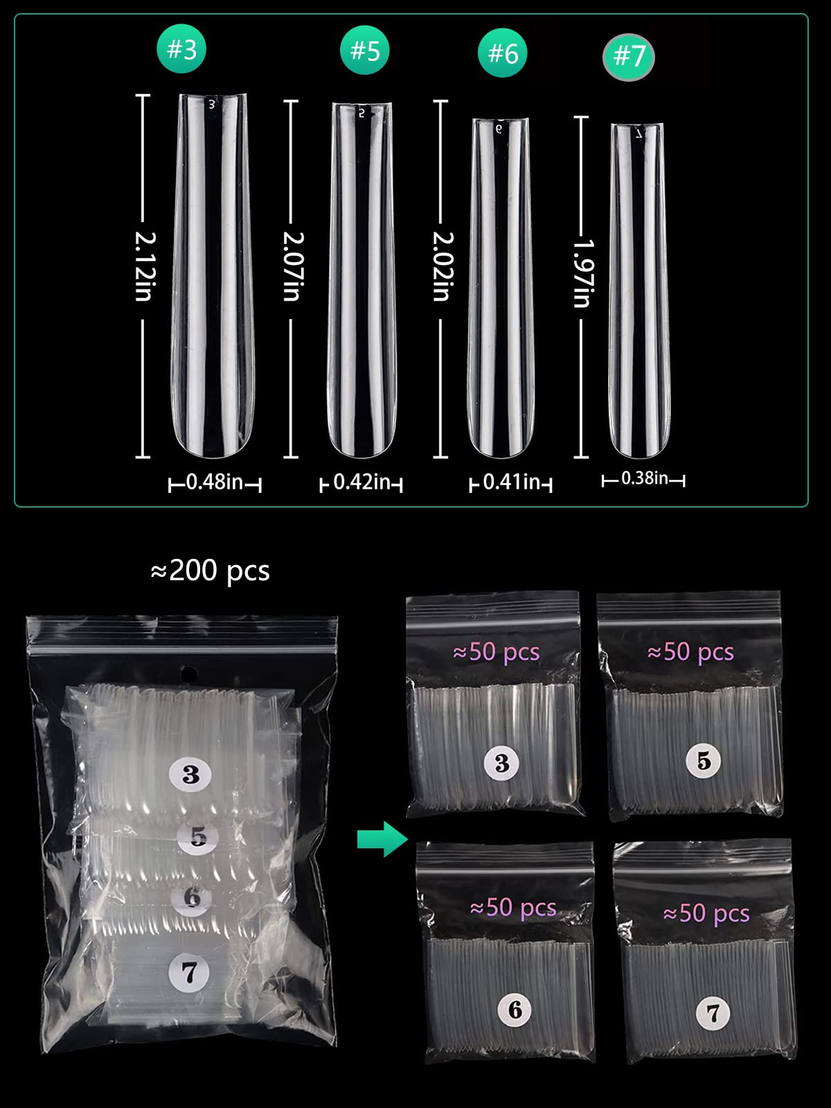 Individual Size 3 5 6 7 Full Cover Square Nail Tips For Acrylic Nails Professional, 200Pcs 3Xl Extra Long Straight Nail Tips, St