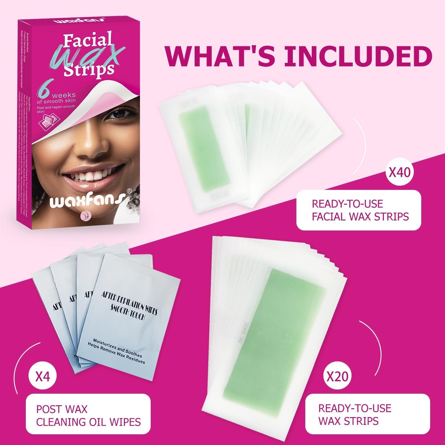 Wax Strips For Face & Body - 60 Wax Strips: 40 Face Wax Strips & 20 Body Wax Strips For Women And Men - Suitable For All Skin An