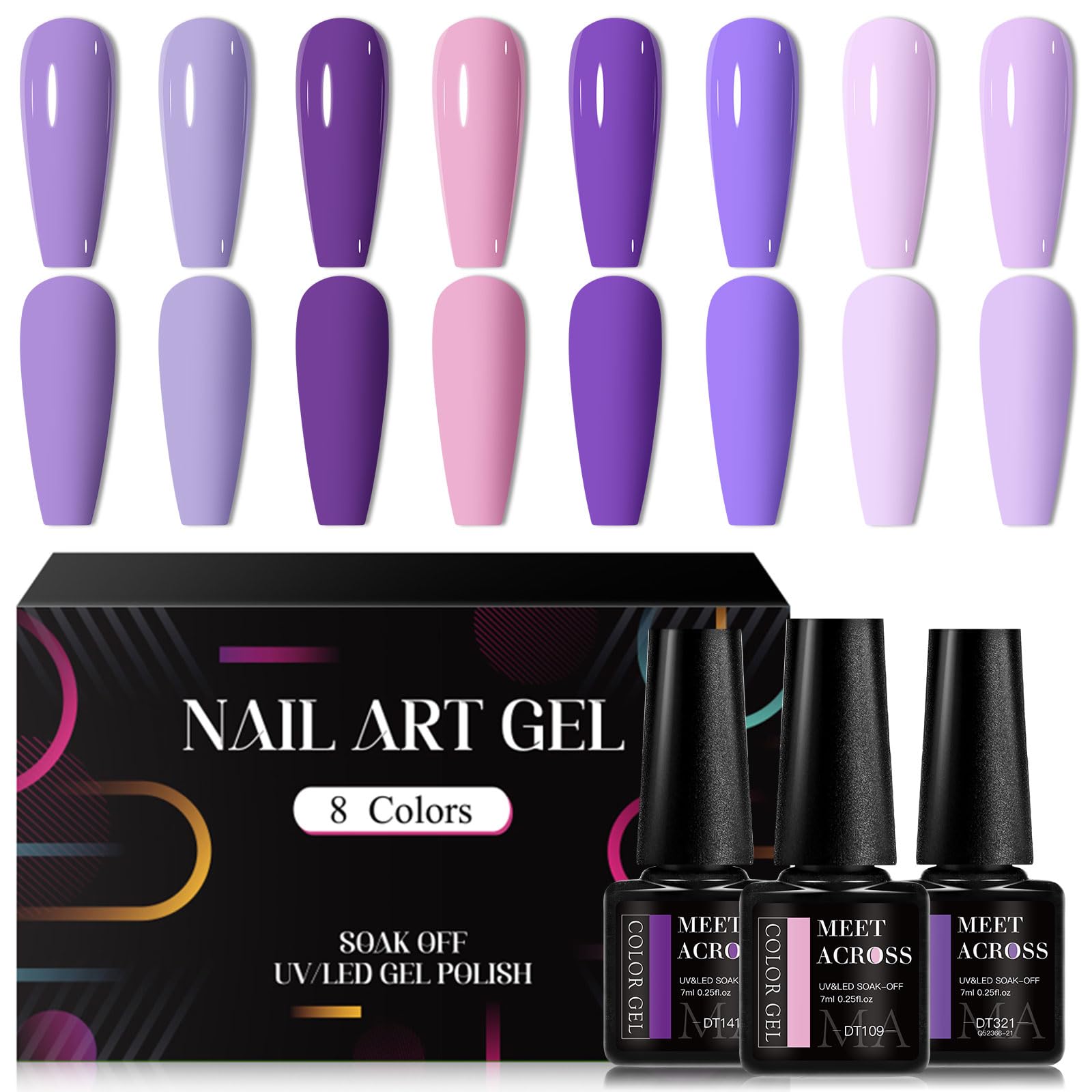 MEET ACROSS Purple Gel Nail Polish Set, 8 Colors Purple Pastel Pink Lavender Gel Polish Soak Off Grape Lilac Violet Gel Nail Art