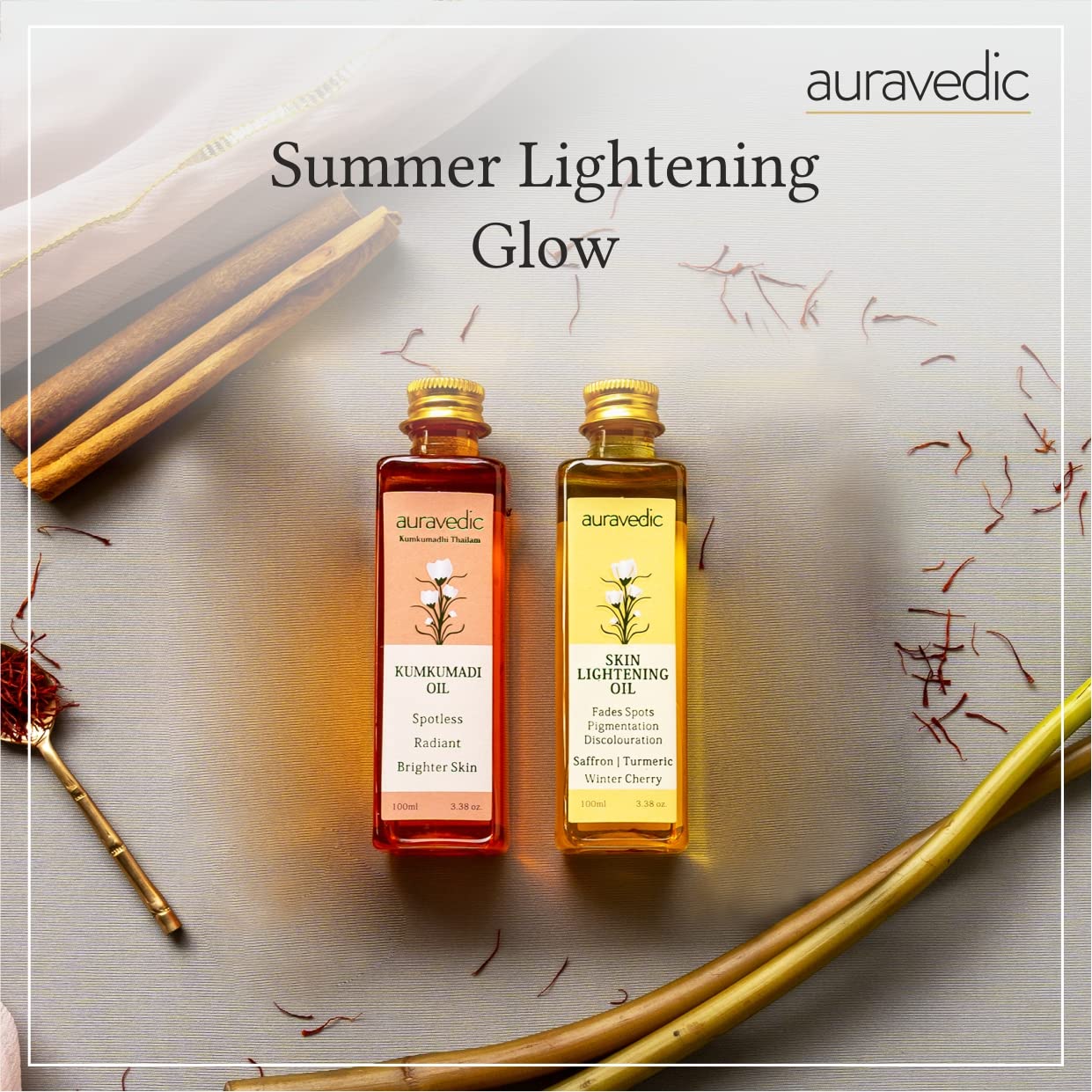 Auravedic Kumkumadi Oil & Skin Oil Combo | Saffron, Turmeric and Winter Cherry Infused Face Moisturizer | Hydrating & Moisturizi