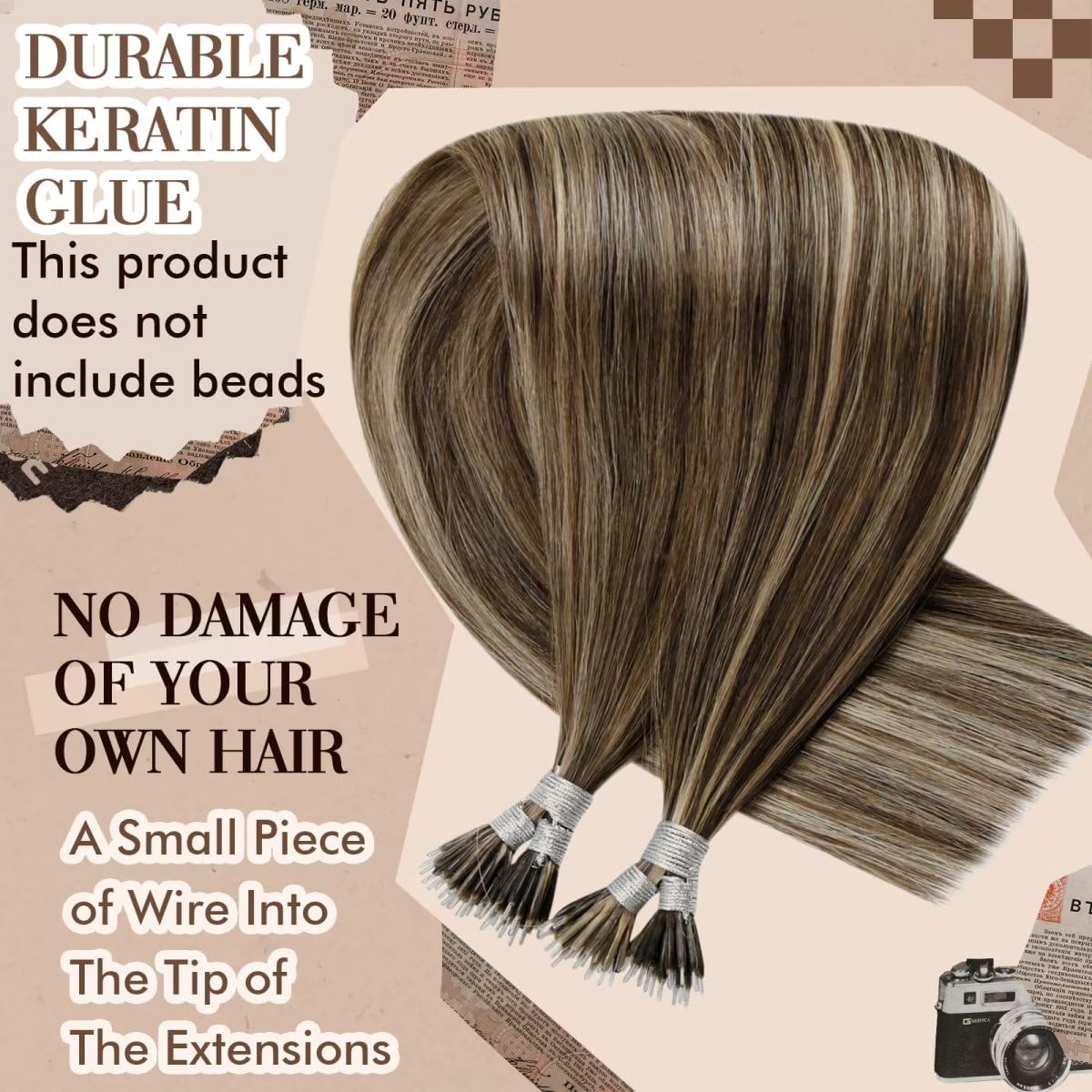 Hetto Nano Beads Human Hair Extensions #4/27 Dark Brown Highlights Caramel Blonde Nano Link Hair Extensions Human Hair 14 Inch R