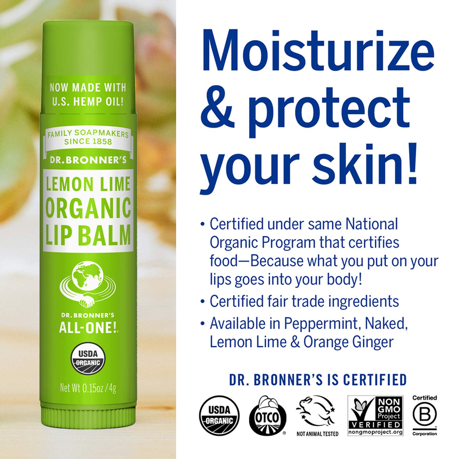 Dr. Bronner's - Organic Lip Balm (.15 ounce, 6-Pack) - Made with Organic Beeswax and Avocado Oil, For Dry Lips, Hands, Chin or C