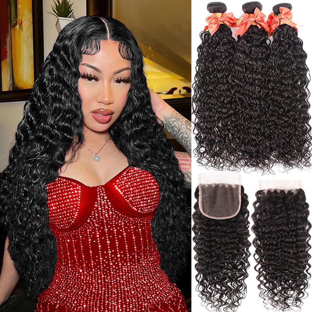 Water Wave Bundles And Closure Human Hair Wet And Wavy Bundles With Closure 10A Curly Bundles Human Hair With 4X4 Lace Closure B