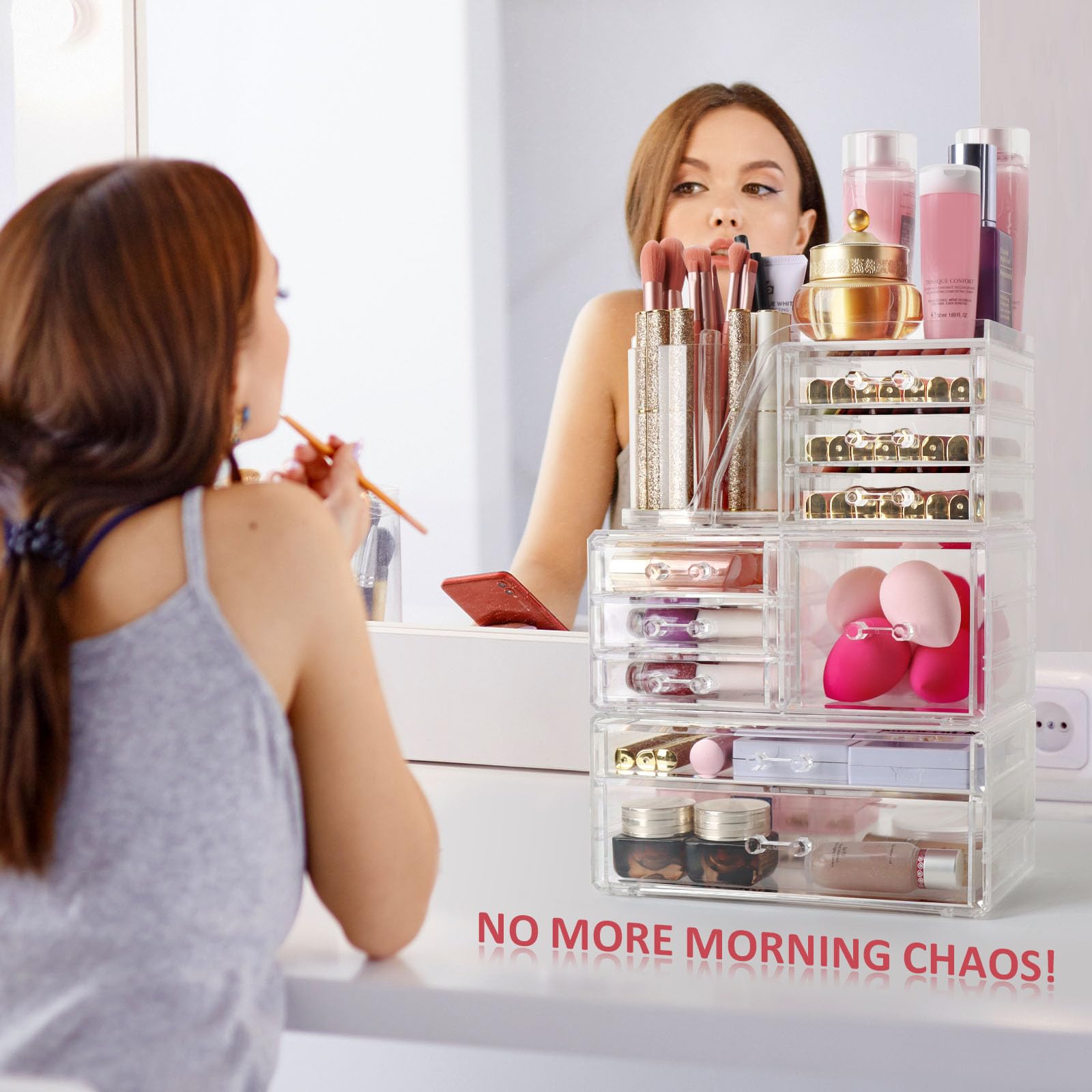 AUOIKK Clear Makeup Organizer with 9 Drawers & Rotating Brush Holder - Large Capacity Cosmetic Display Cases Storage for Vanity,