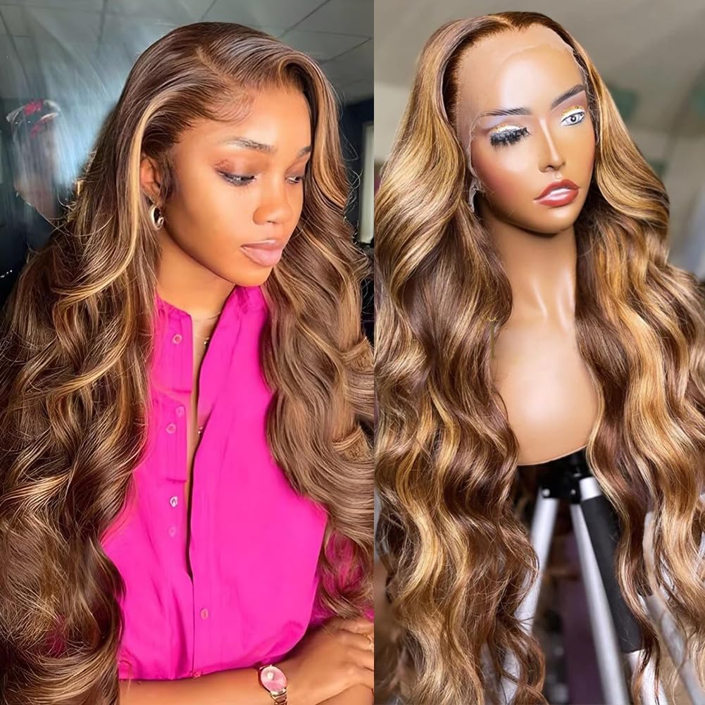 Yamikk 4/27 Ombre Colored 13x5 HD Lace Front Wigs Human Hair Pre Plucked With Baby Hair 180 Density Highlight Body Wave Frontal 