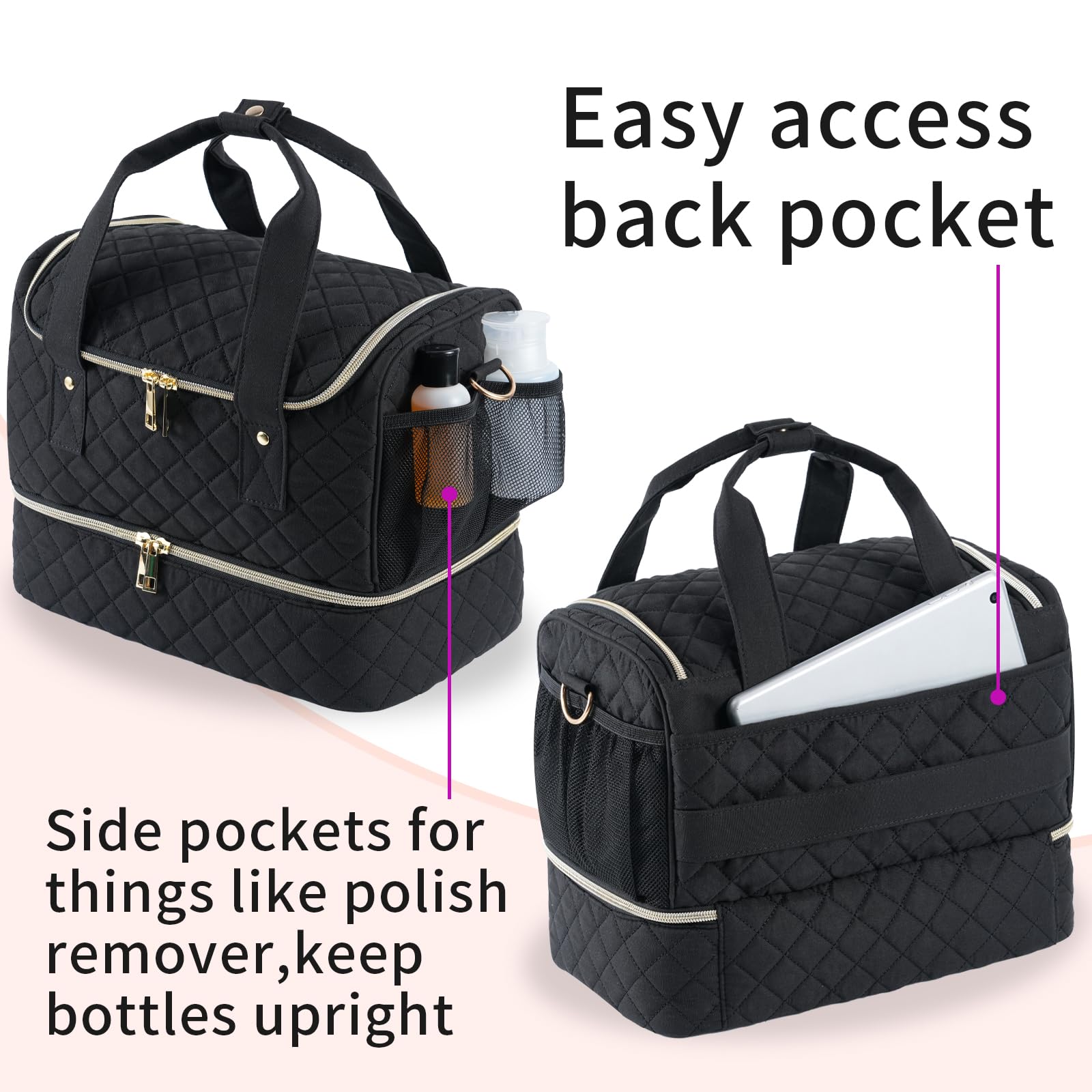 VOFIpremiAm Nail Polish Organizer Bag Fits 1 Nail Lamp and 40 Bottles,Pretty Nail Organizer with Side Pockets for Nail Polish Re