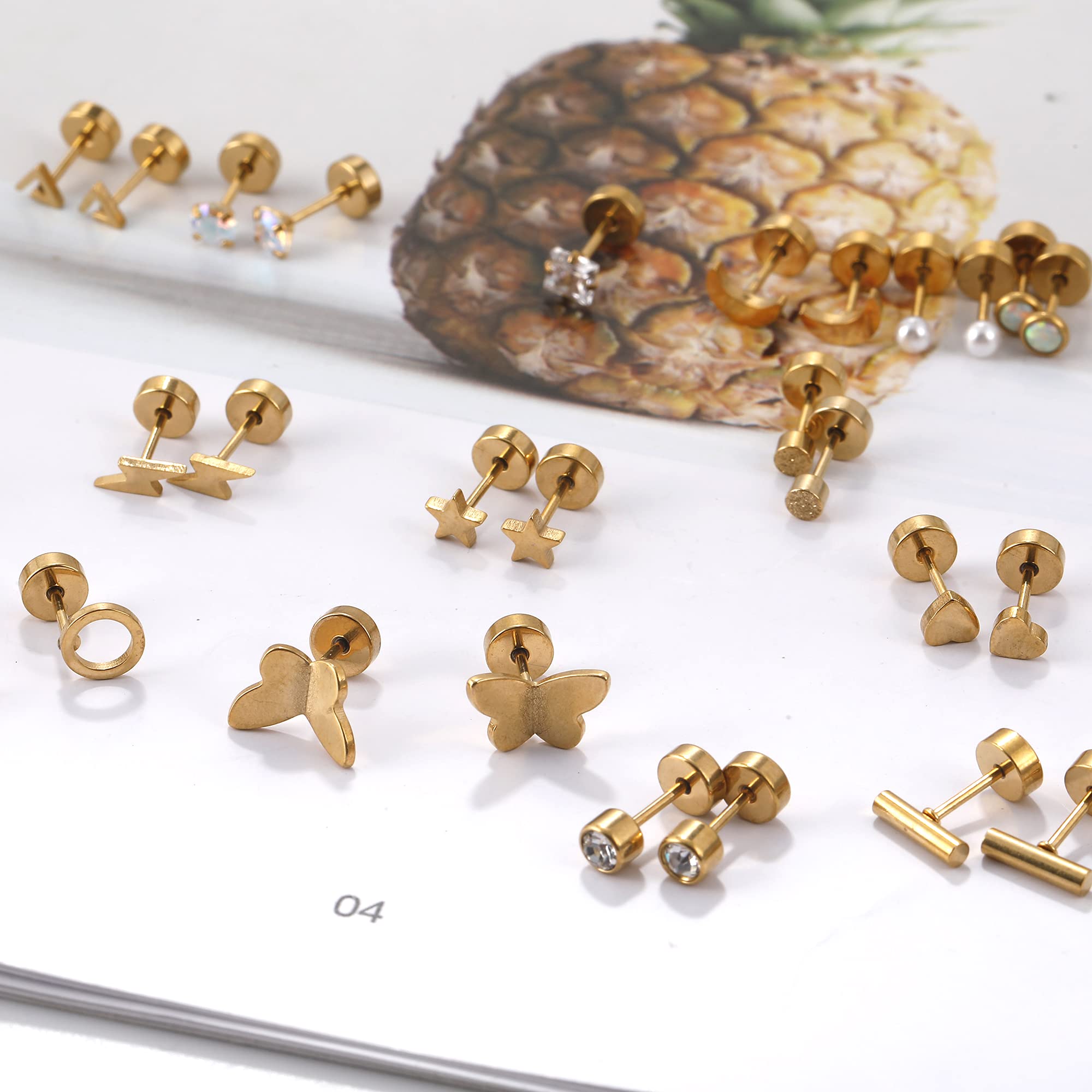 18 Pairs Stainless Steel Stud Earrings Set for Women Men Star Moon flower Heart Leaf Opal 20G Cartilage Earrings Hypoallergenic