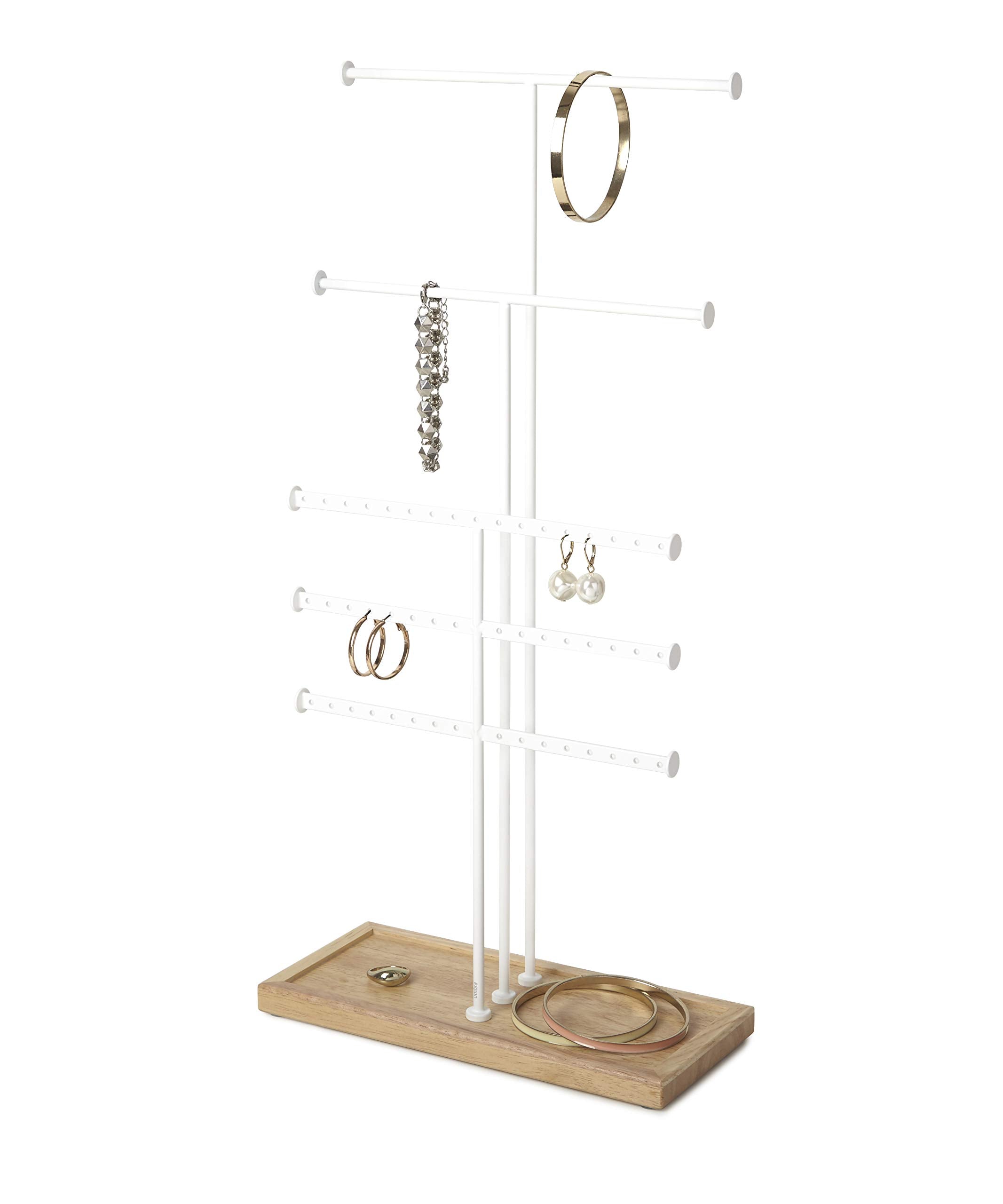 Umbra Trigem Tiered Tabletop Jewelry Organizer Freestanding Hanging Necklace, Earring and Bracelet Display, 5, White Natural