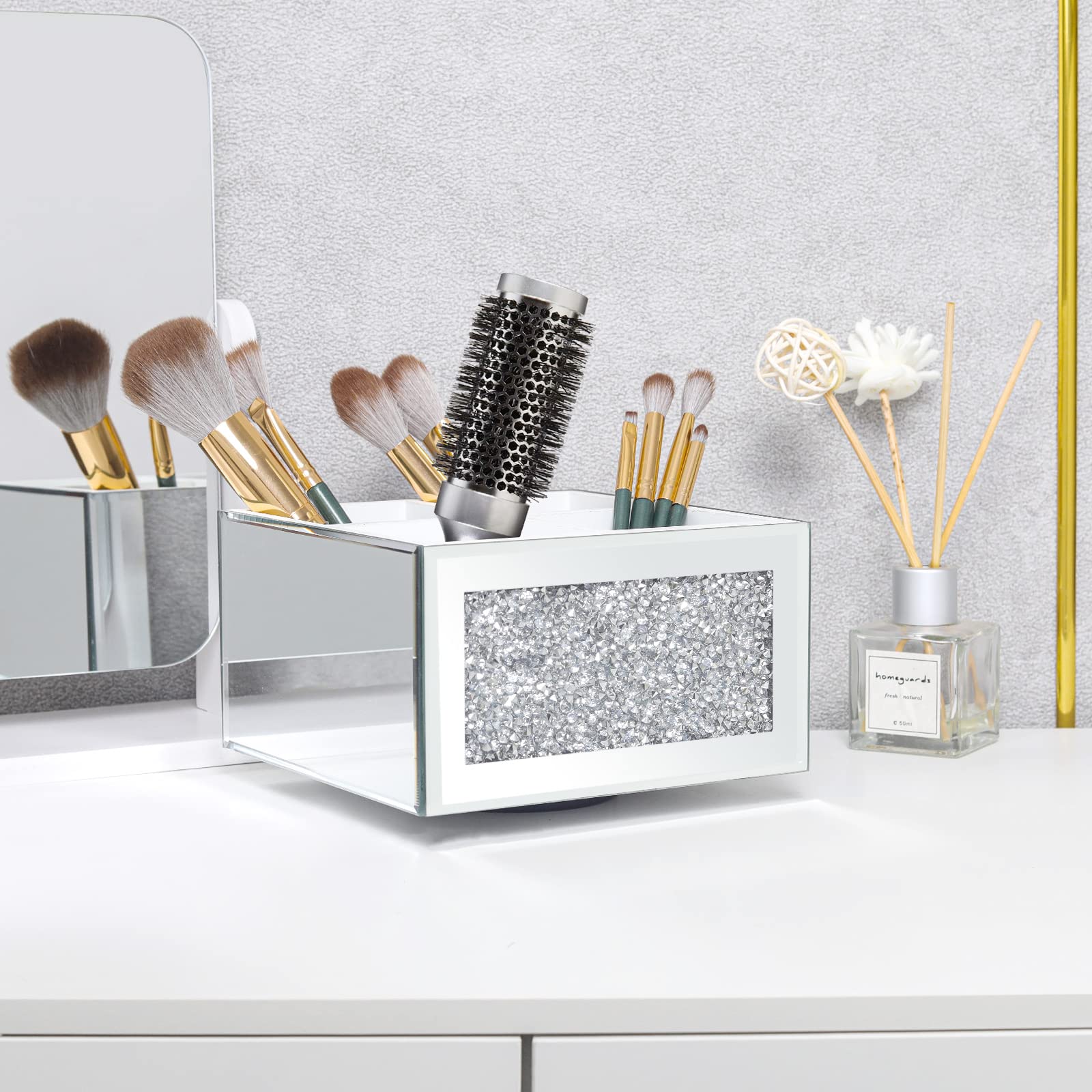 SWTHONY 360 Rotating Makeup Brush Holder Organizer, Silver Bling 4 Slot Crushed Diamond Glass Mirrored Cosmetic Brushes Storage,