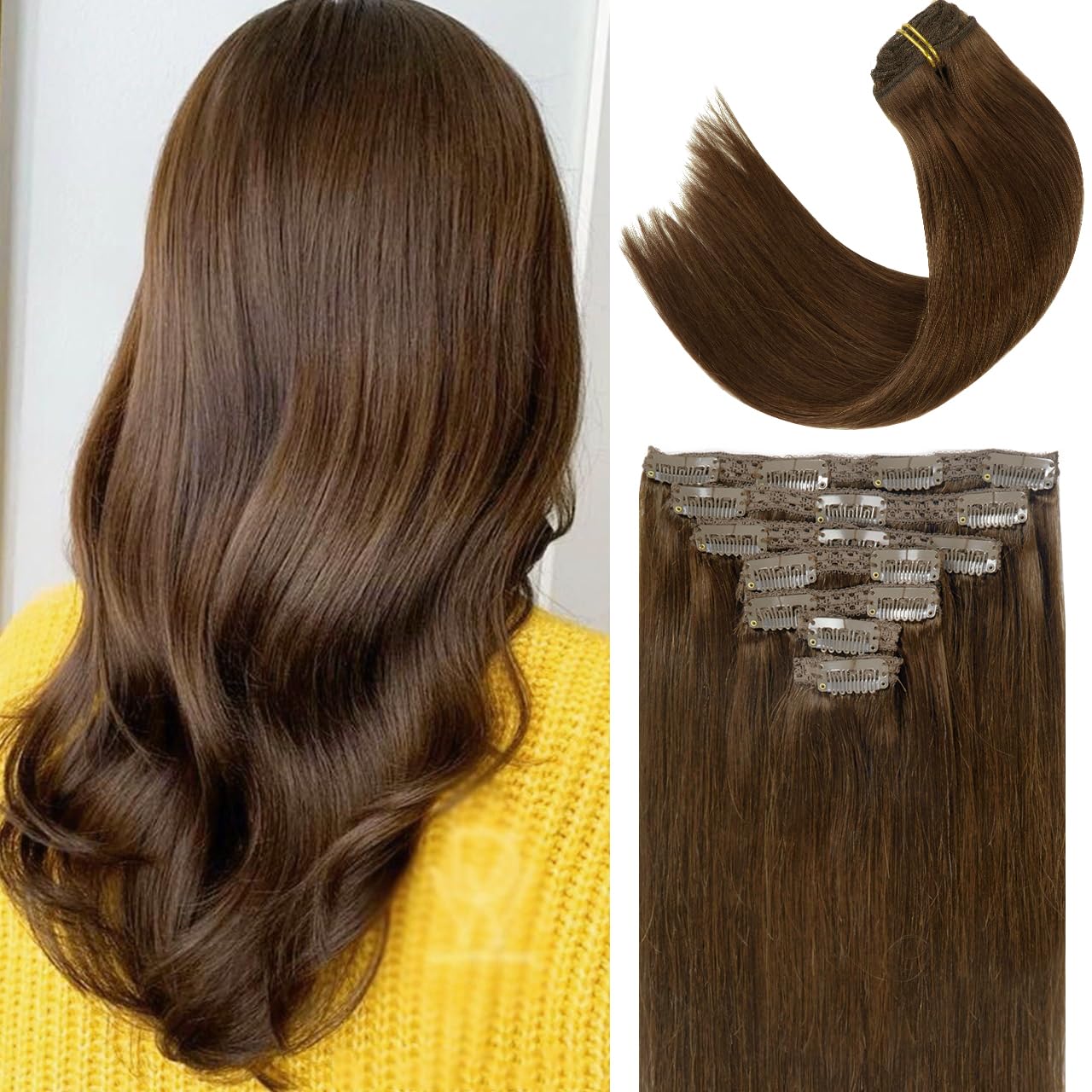 Lacer Hair Extensions Clip in Human Hair 22 Inch Chocolate Brown #4 Double Weft 7Pieces 140g Silky Straight Natural Hair Lace Cl