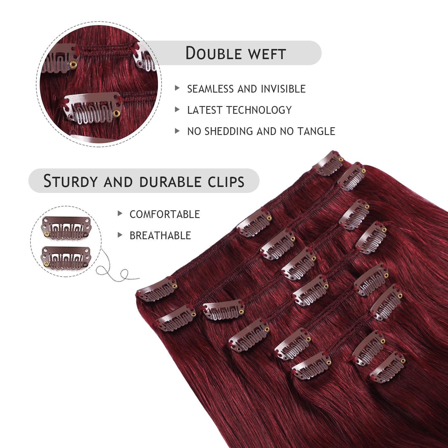 YILITE Hair Extensions Clip in Human Hair 100% Remy Real Hair 110g 8Pcs Burgundy Straight Silky Hair Double Weft Clip ins Hair e
