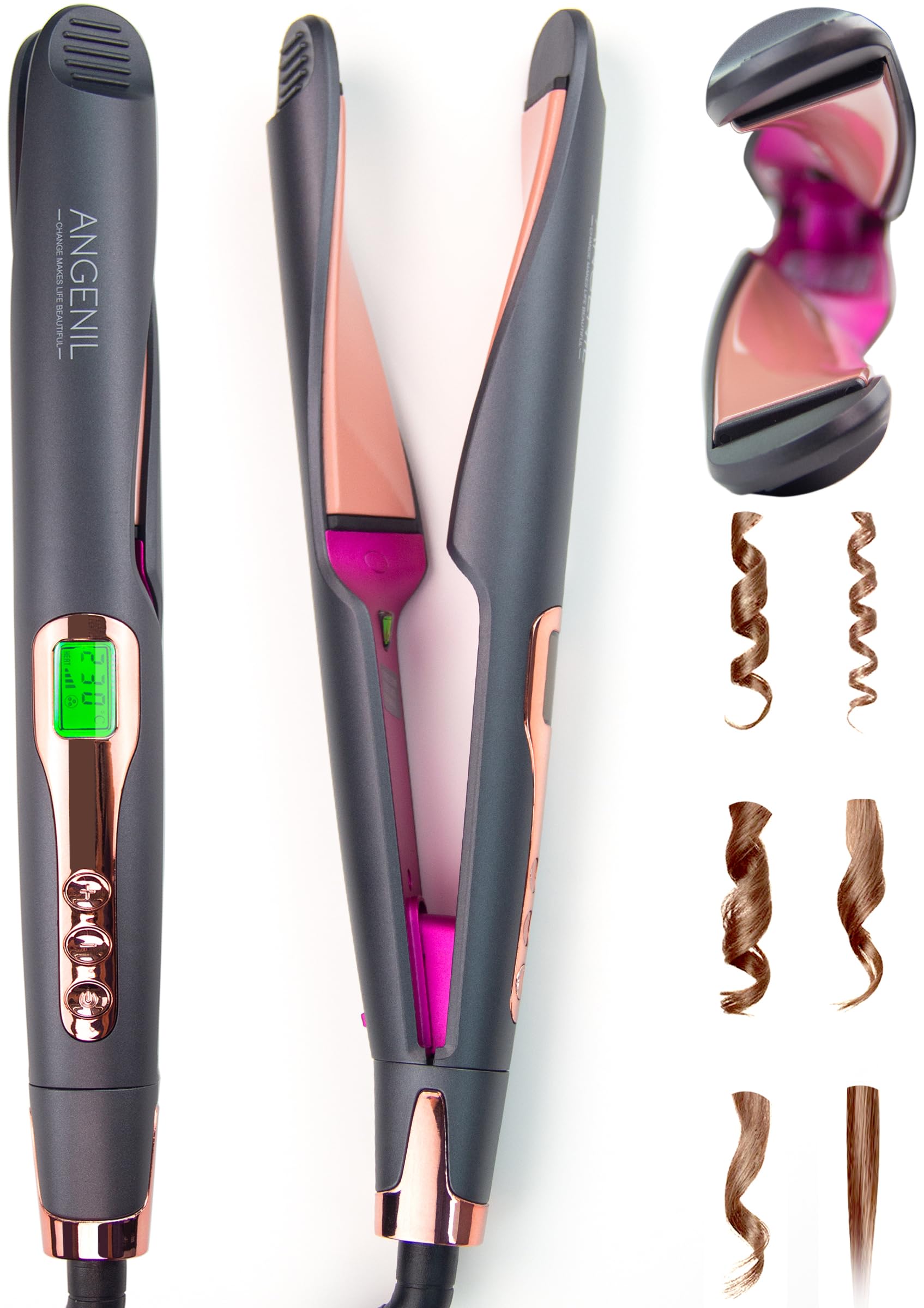 ANGENIL Pro Twist Ceramic Flat Iron 1 Inch, Dual Voltage Hair Straightener and Curler 2 in 1, Multi-Stylers Round Flat Iron Hair