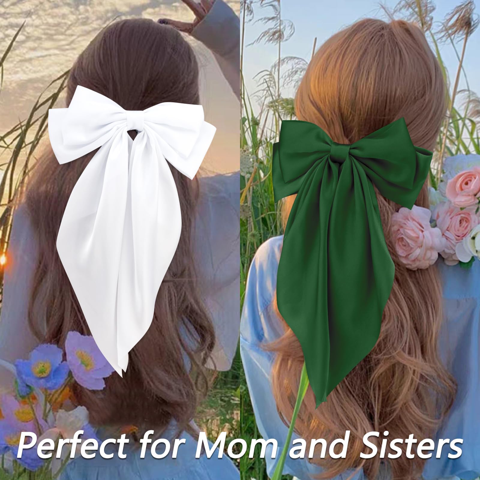 Velscrun Black White Green Dark Green Hair Bows For Women Girls, Silky Satin Large Coquette Bow, Oversized Hair Ribbons 4Pcs Big
