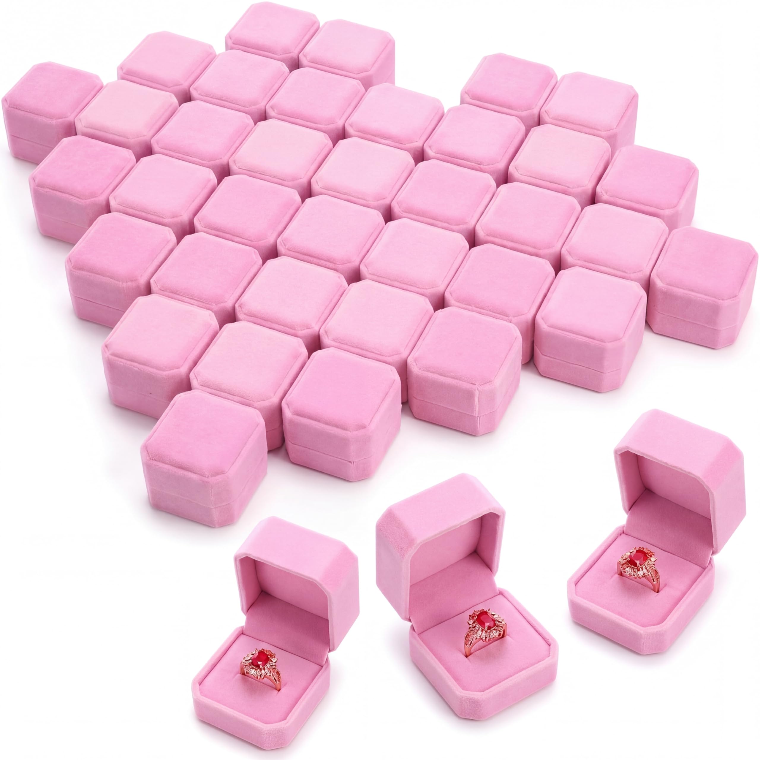 Thinkday Pink 48 Pcs Velvet Ring Boxes for Wedding Proposal Engagement Gifts, Jewelry Display Boxes for Wholesale Retail