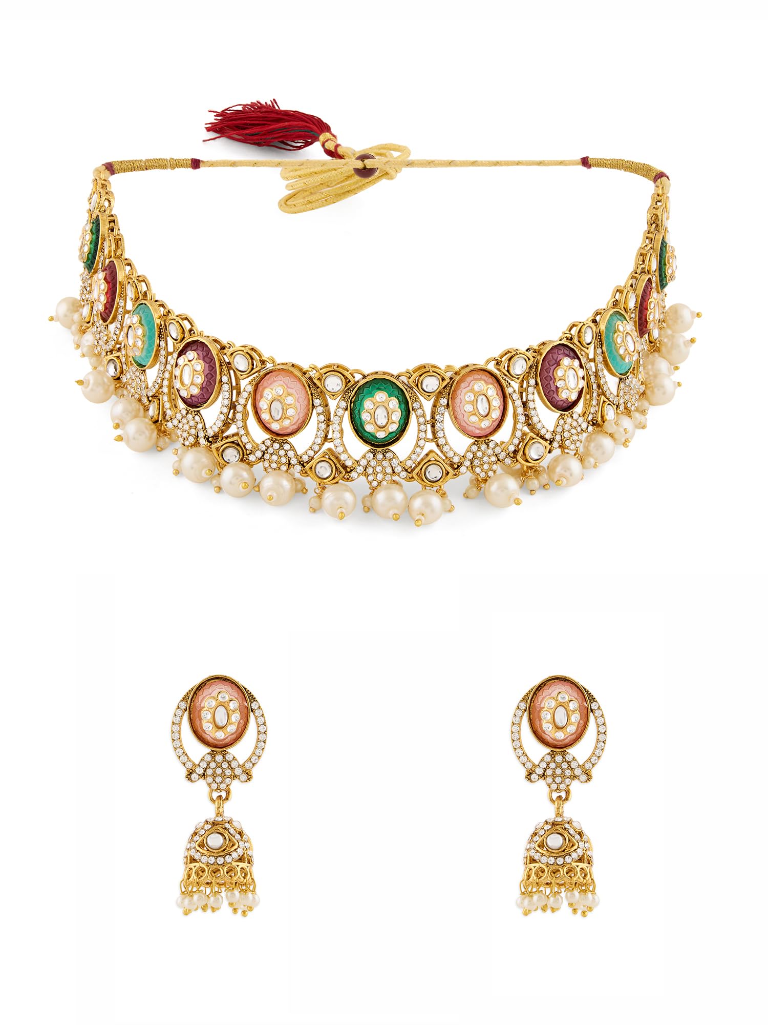 Zaveri Pearls Multicolor Stones Austrian Diamonds Pearls Drop Choker Necklace & Earring Set For WomenZpfk21784