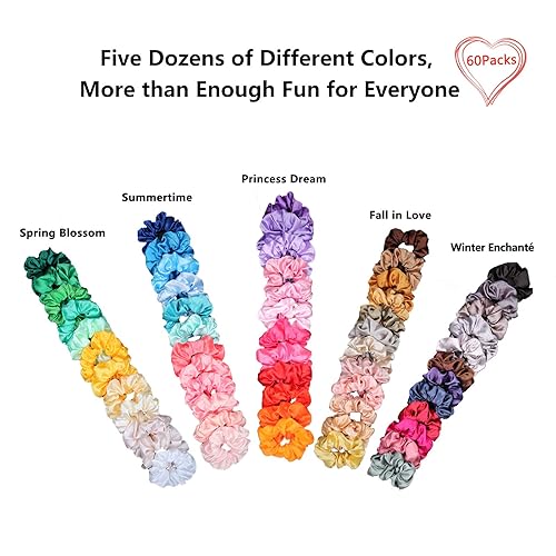 Hair Scrunchies Satin Scrunchies Silky Hair Accessories, Ponytail Makers for Braids, 60 Pack Headbands BeeVines Elastics Bobbles