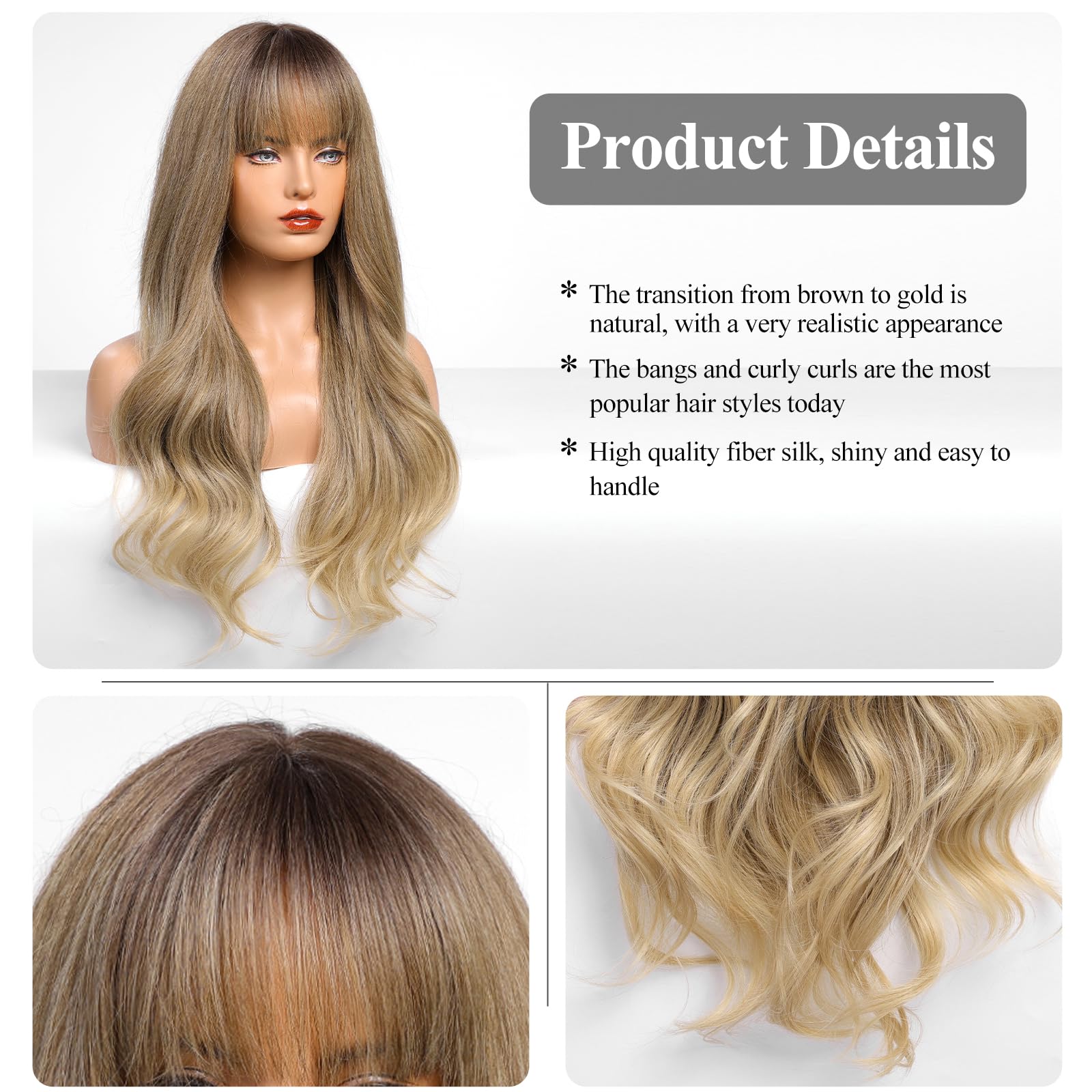 Haircube Brown To Blonde Wig With Bangs For Women Brown And Blonde Long Wavy Hair Wig Wig Curly Wavy Synthetic Wigs For Girls Da