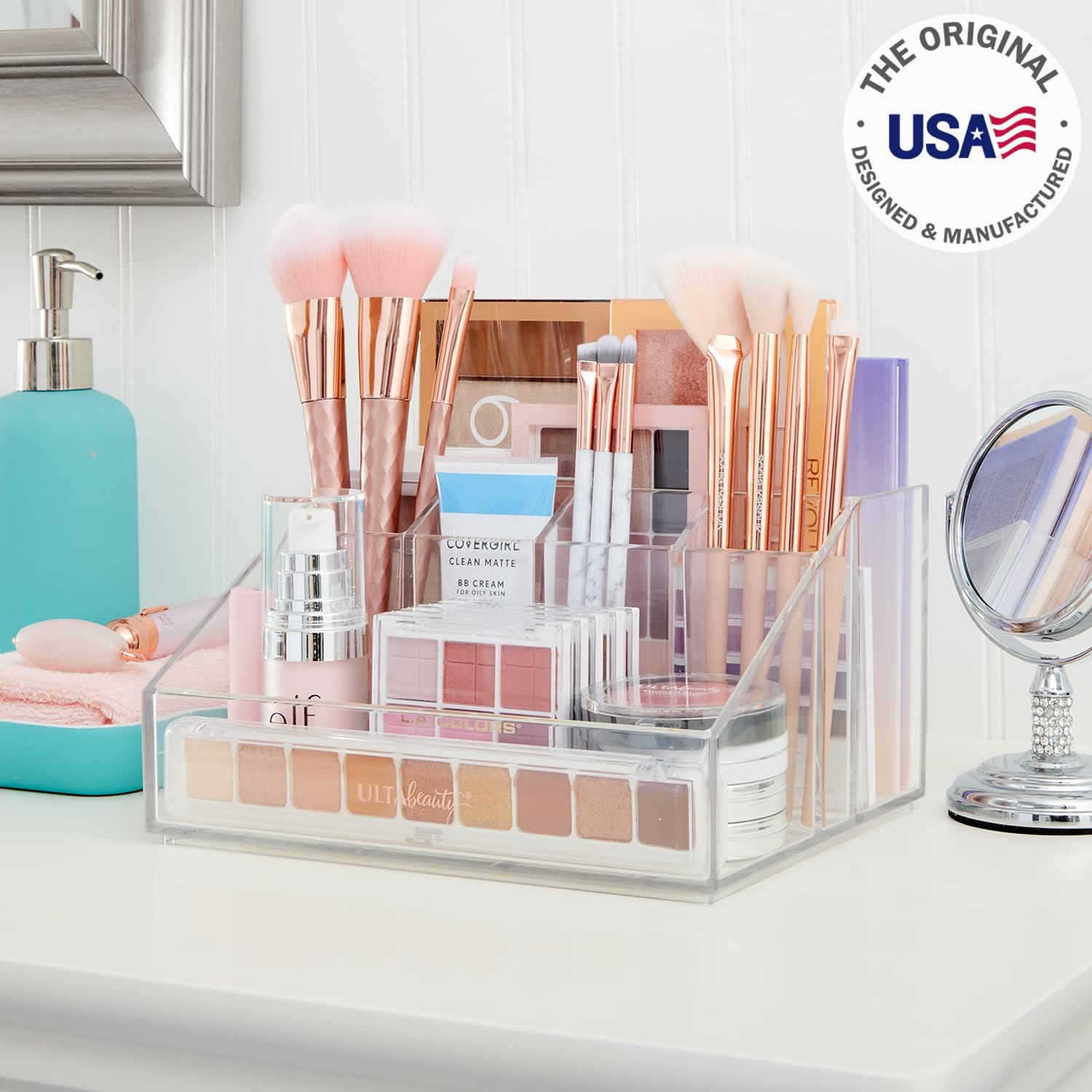 Stori Chloe Clear Plastic Stackable Vanity Makeup Organizer | Rectangular 6-Compartment Holder For Cosmetics, Brushes, Eyeshadow