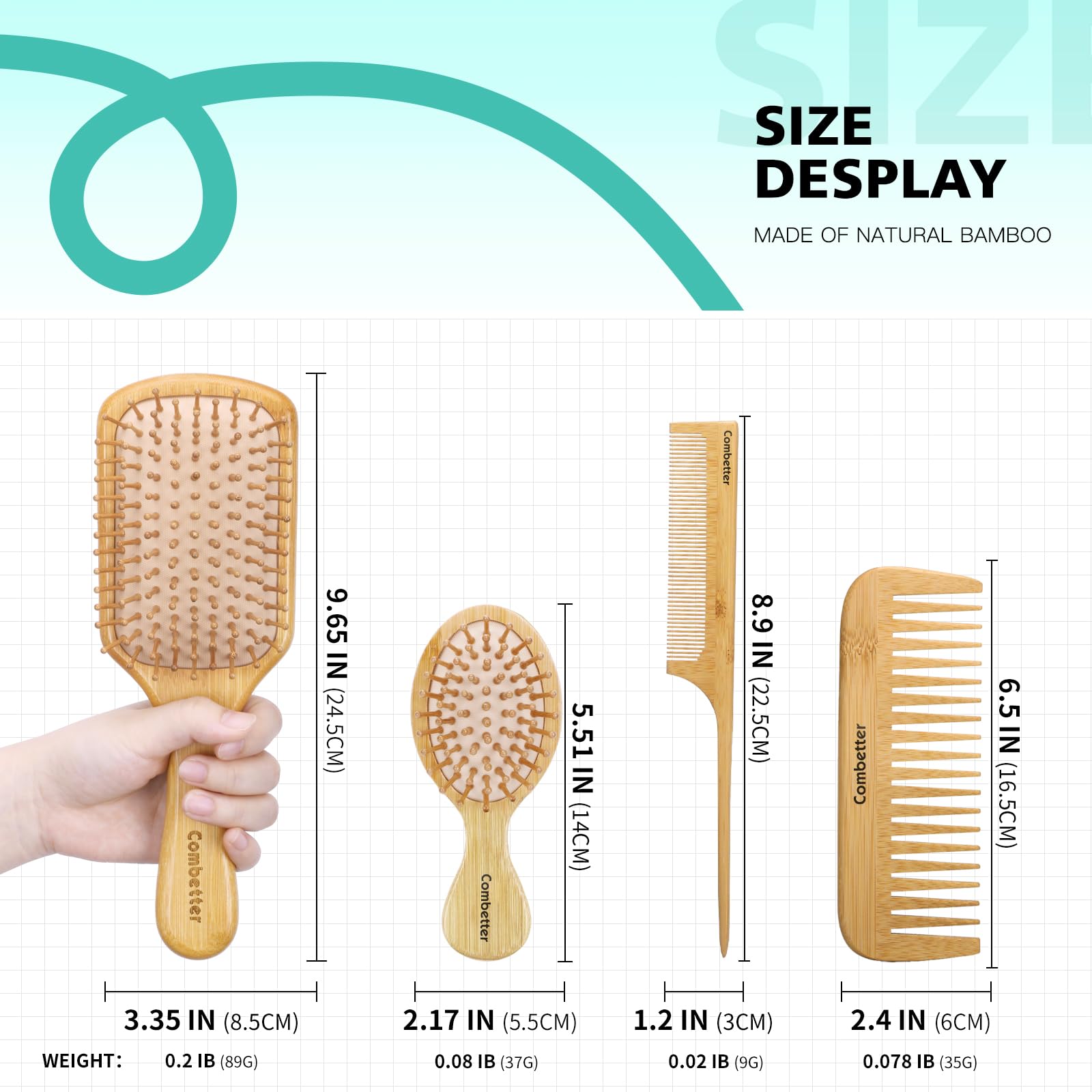 100% Bamboo Hair Brushes and Comb Set by Combetter, Comb for Women and Detangling, Great on All Hair, Eco-Friendly and Handmade