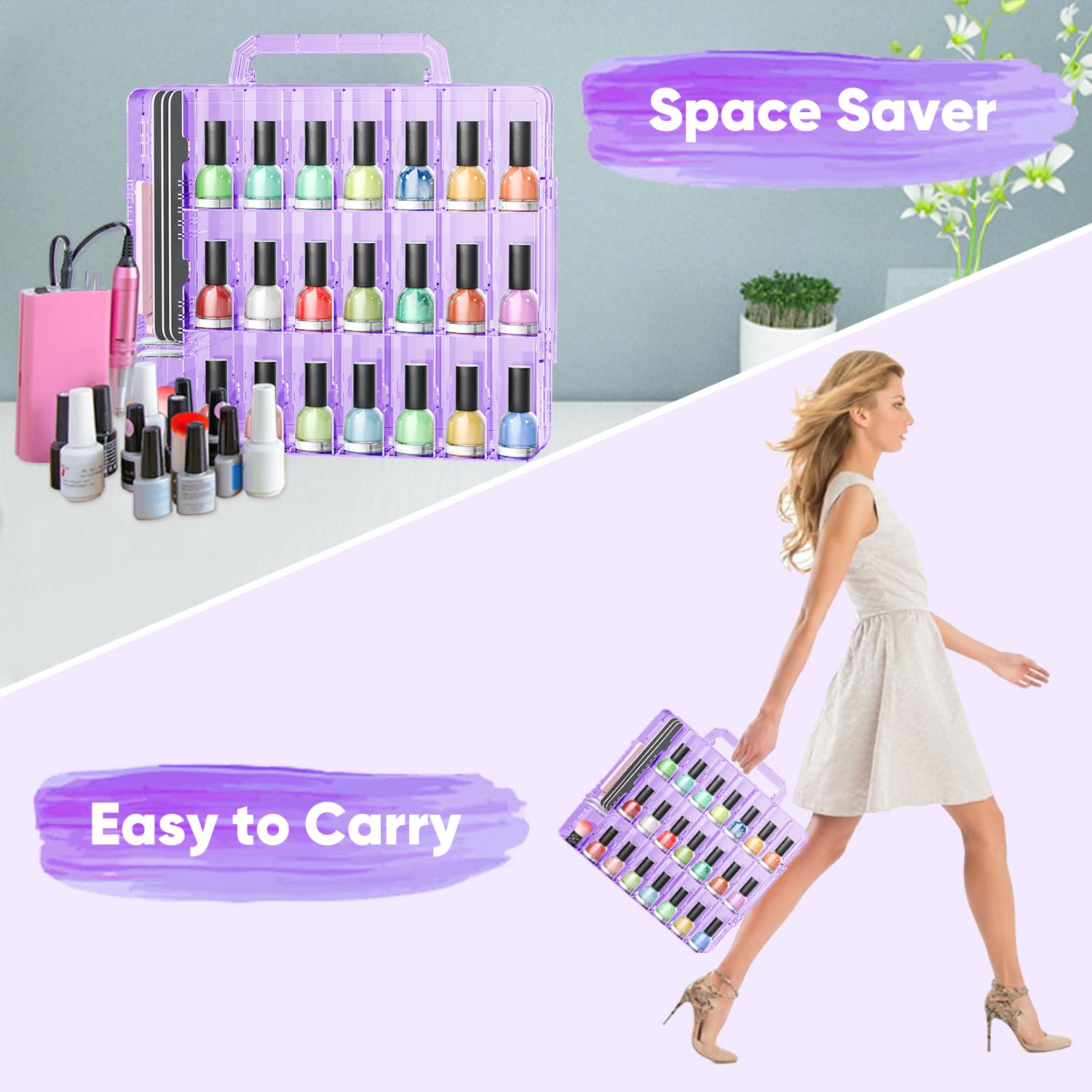 Jiasheng Nail Polish Organizer Case Holders, 48 Bottles Universal Nail Storage Box For Double Side Adjustable Space Divider For