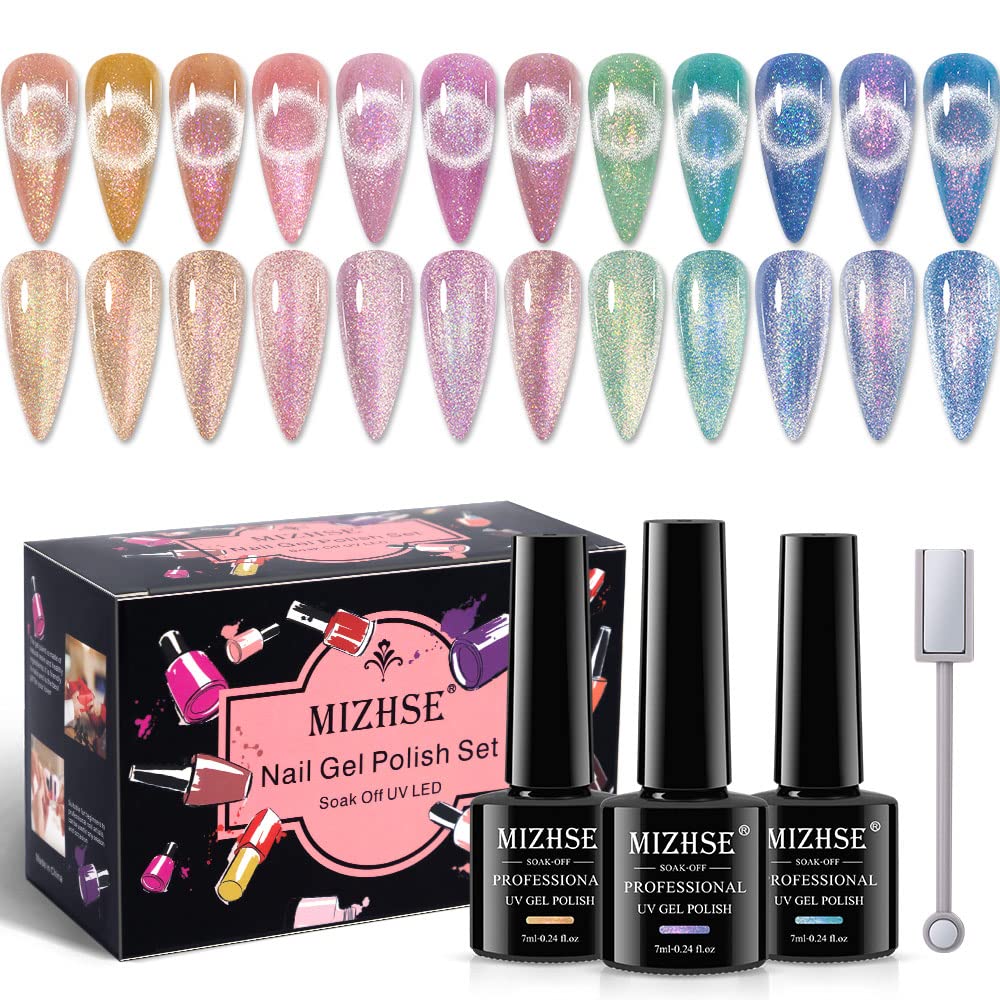 Mizhse Unicorn Cat Eye Gel Nail Polish 7Ml, Pearl Mermaid Cateye Magnetic Gel Polish Kit Pink Blue Soak Off Uv Led Diy Manicure
