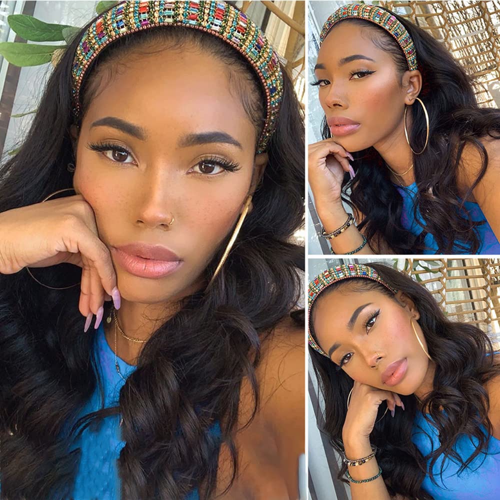 higher Body Wave Headband Human Hair Wig 14 Inch Glueless None Lace Front Wig Brazilian Virgin Hair Wear and Go Wigs for Black W