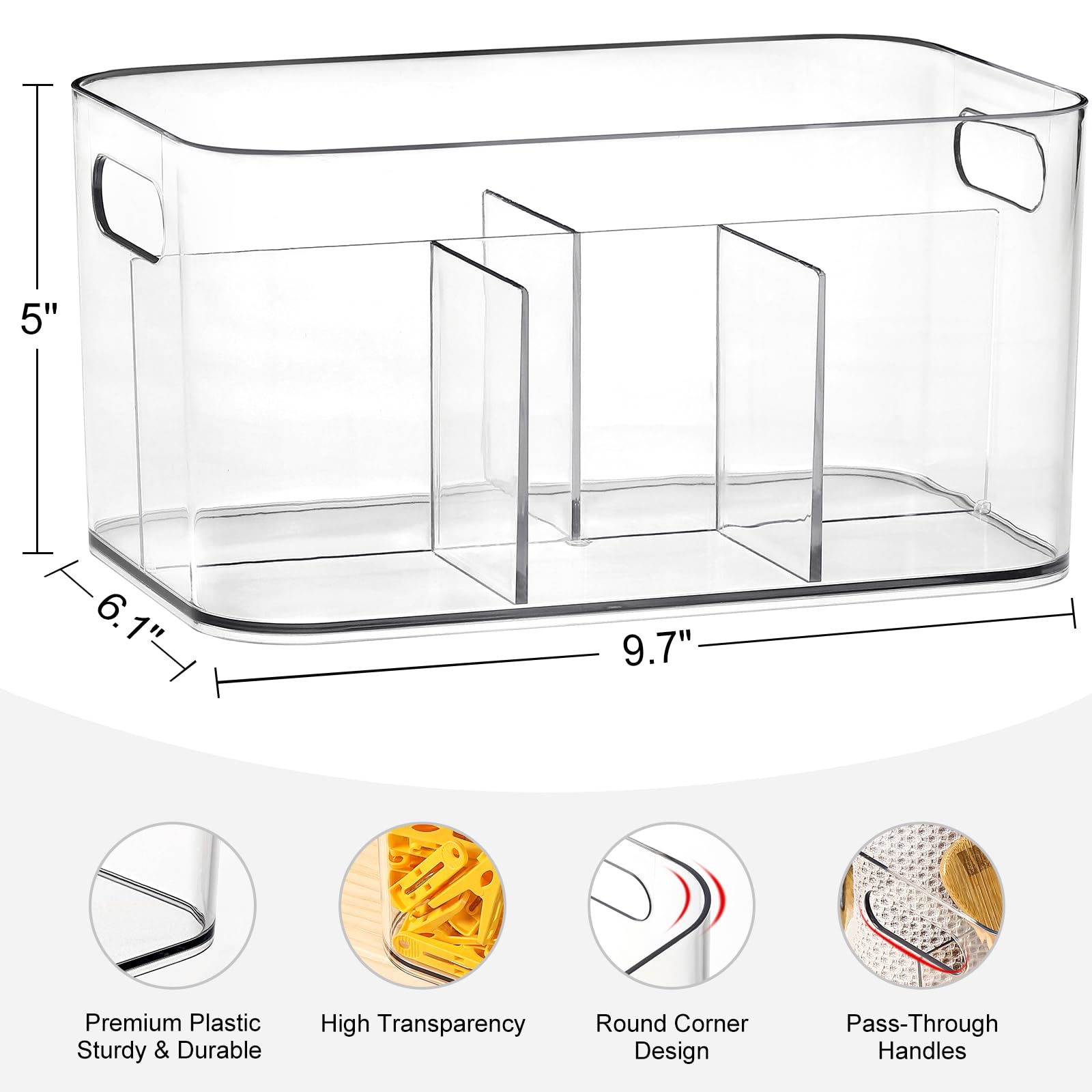 2 Pack, 5-Compartment Clear Plastic Bin - Divided Art Supplies, Cosmetic Makeup Caddy Organizer - Multiuse Storage Container For
