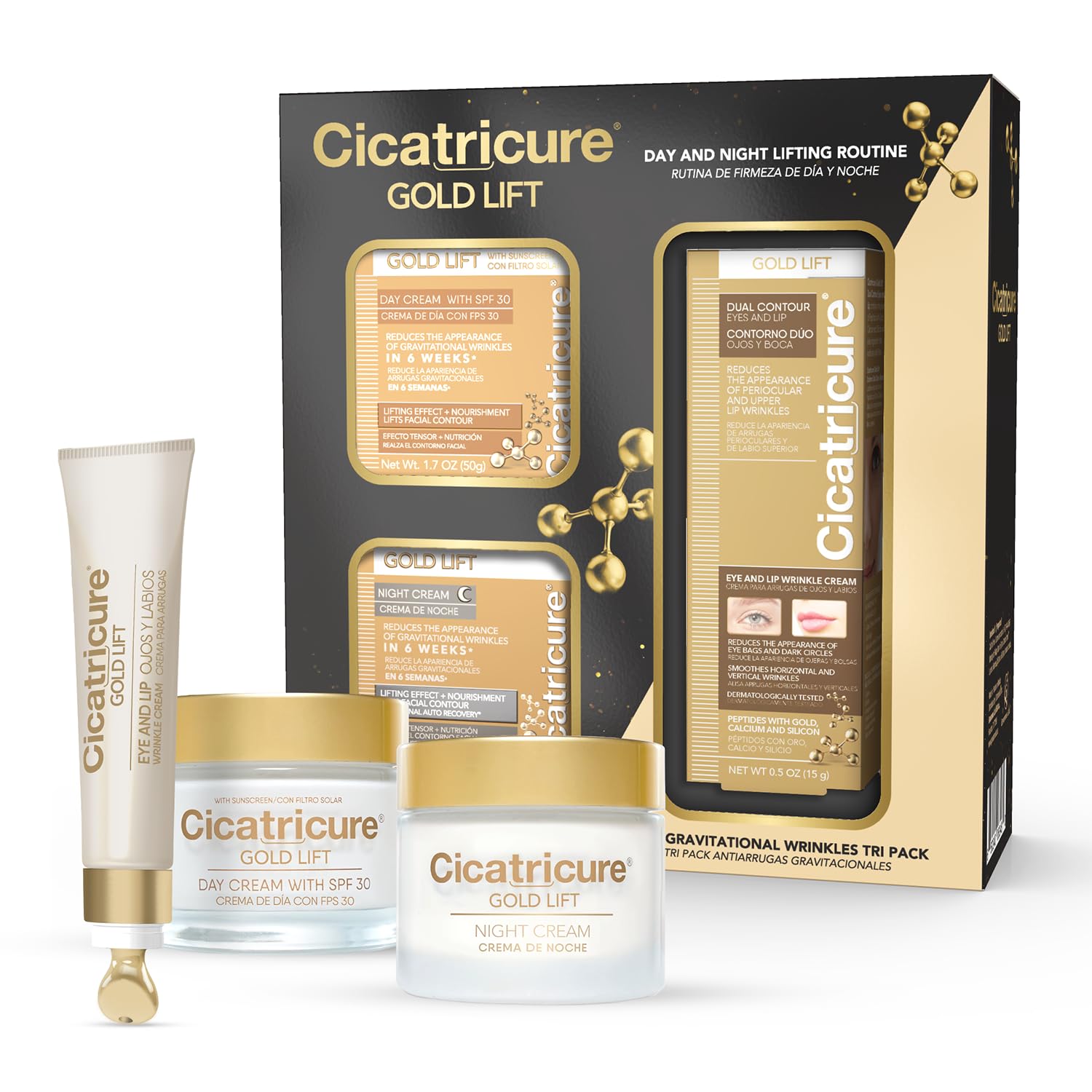 Cicatricure Gold Lift Anti Gravitational Wrinkles Skin Care Gift Set With Day Anti-Wrinkle Cream + Spf 30 , Night Anti-Wrinkle C