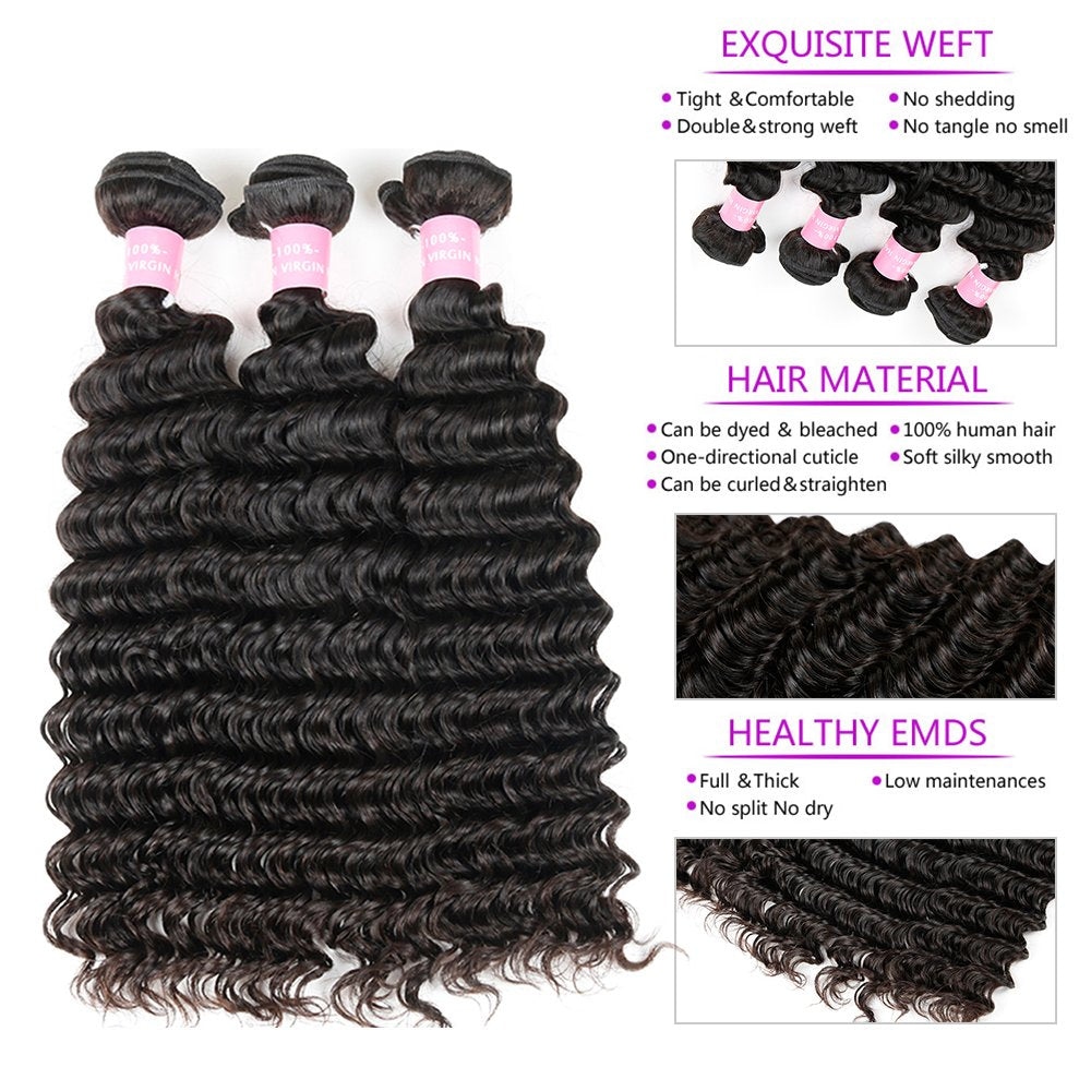 Brazilian Deep Wave 9A Unprocessed Virgin Hair 3 Bundles With Middle Part Lace Closure 4  4 Lace Mixed Length Hair Bundles Natur
