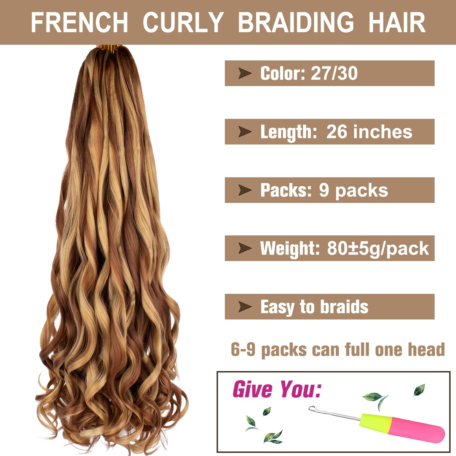 COOKOO 26 Inch French Curl Braiding Hair for Goddess Box Braids 9 Packs Pre Stretched Braiding Hair Mix Two Tone Loose Wavy Span