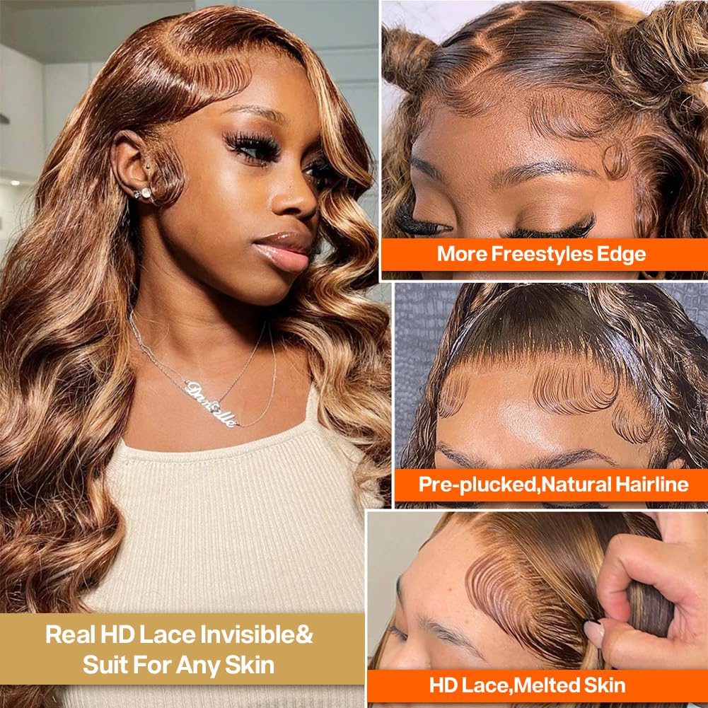 Yamikk 4/27 Ombre Colored 13X5 Hd Lace Front Wigs Human Hair Pre Plucked With Baby Hair 180 Density Highlight Body Wave Frontal