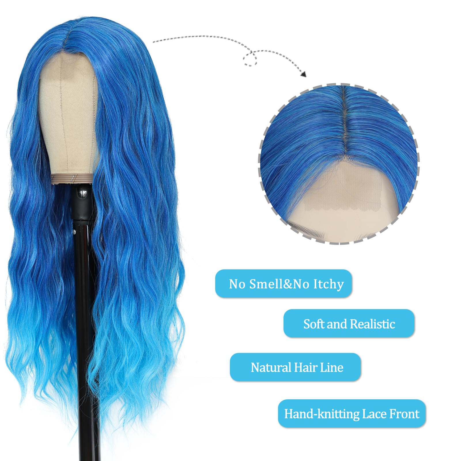 Ybymcai Blue Wig - Long Blue Wavy Wigs For Women Middle Part Ombre Blue Wig 26 Inch Natural Curly Synthetic Wig Heat Resistant F