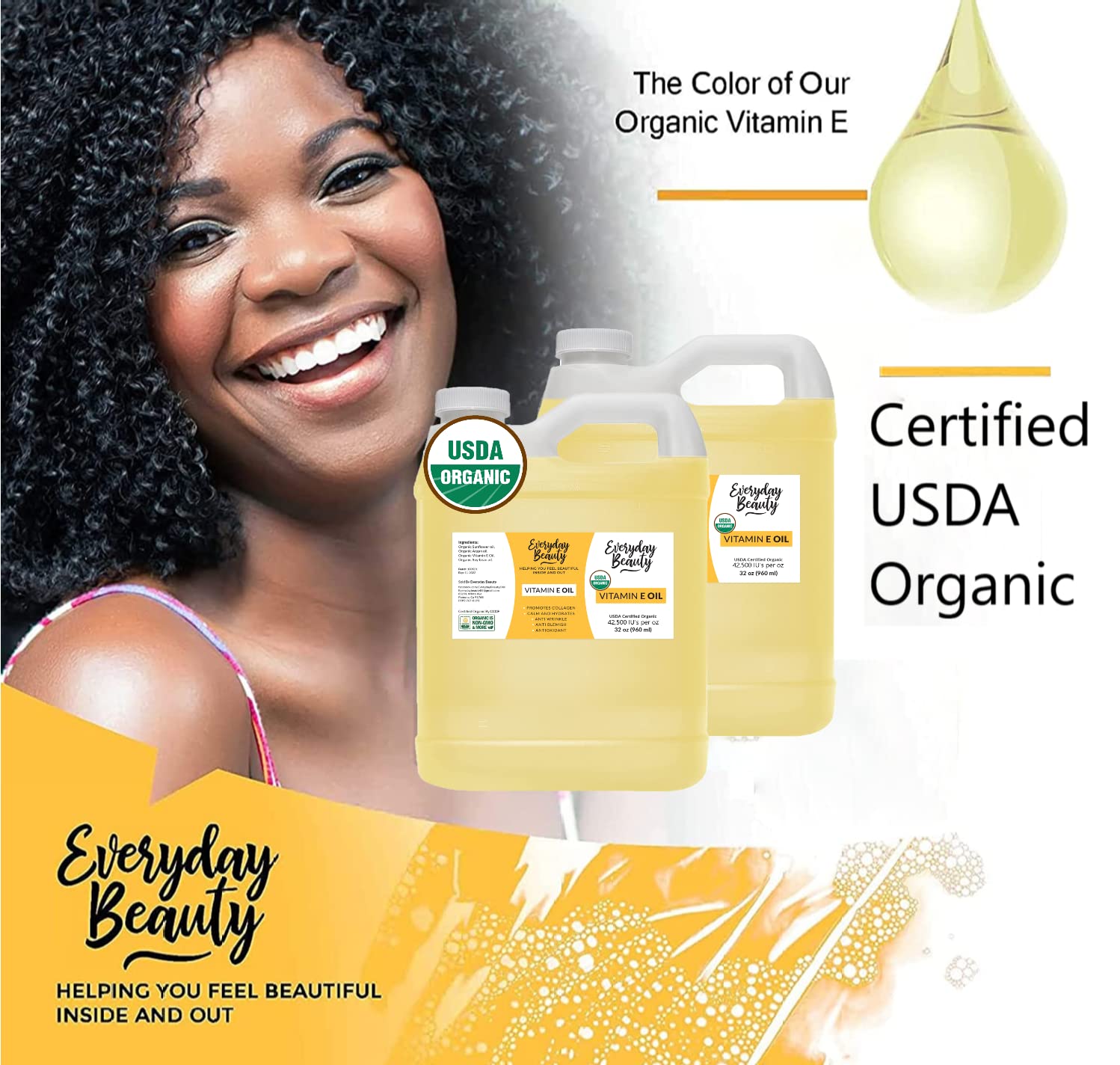 Organic Vitamin E Oil - 64 Oz Bulk Usda Certified 100% All Natural & Plant Based - Light And Unscented Great For Scars After Sur