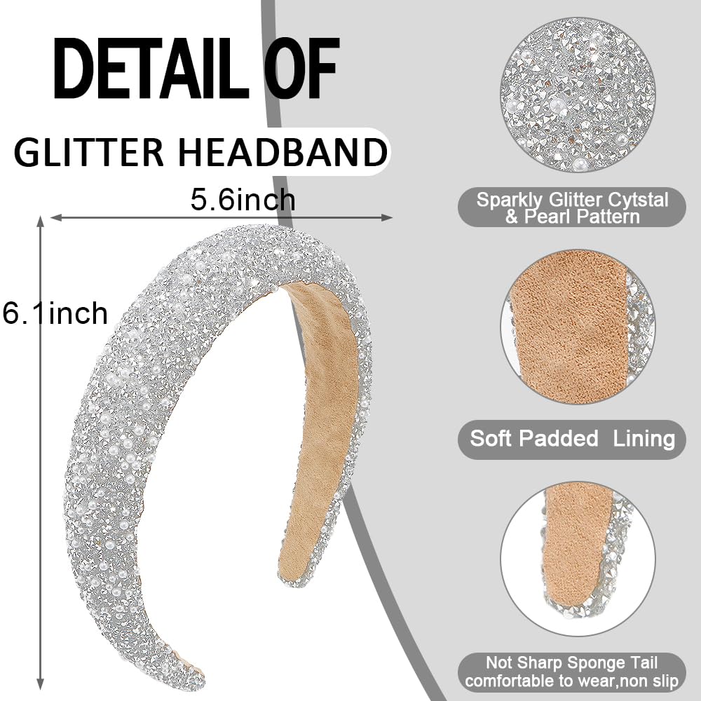 Ahoney 2 Pack Rhinestone Headband For Women Girls, Glitter Sequin Beaded Pearls Padded Headbands For Women Prom Wedding Sparkly