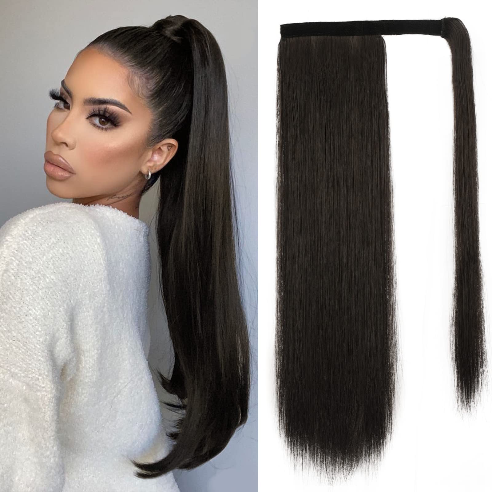 BARSDAR 20 In Straight Ponytail Extension Long Straight Wrap Around Clip in Ponytail Hair Extensions Synthetic Brown Pony Tails 