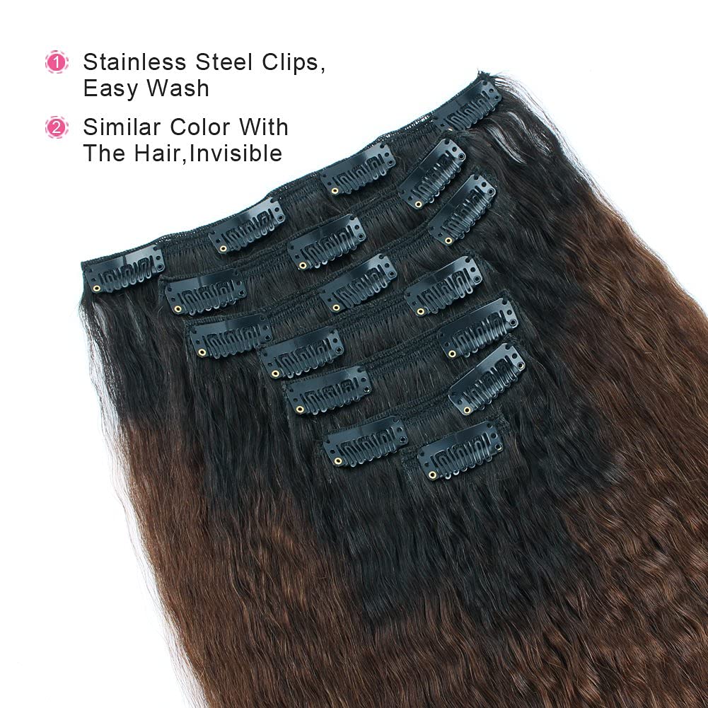 AmazingBeauty 8A Kinkys Straight Blow Out Ombre Remy Extensions Clip ins Double Weft Real Human Hair for Black Women, Natural Bl
