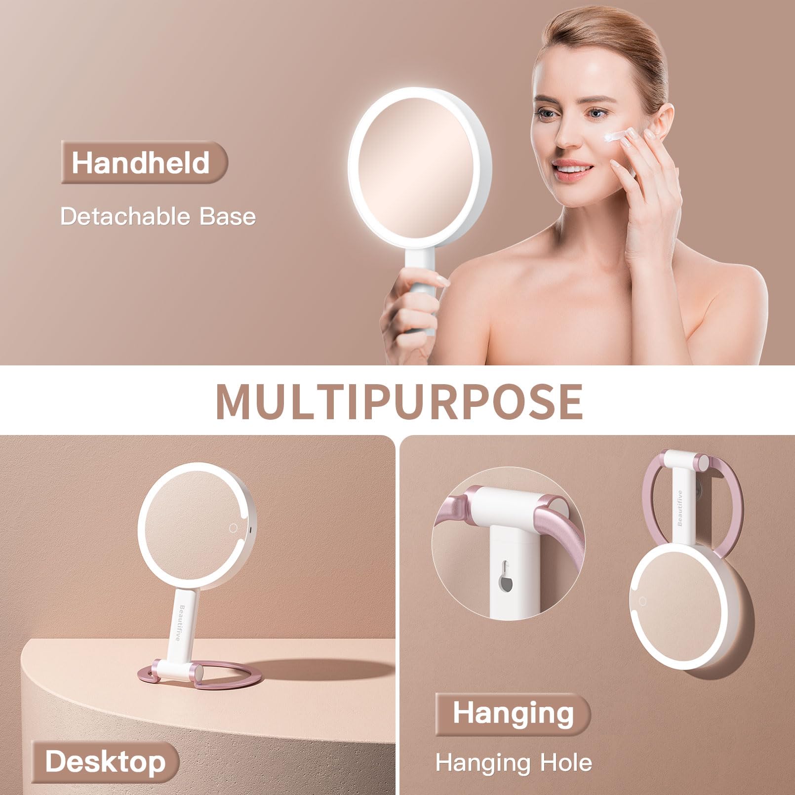 Beautifive 3 in 1 Magnifying Mirror with Light, Rechargeable Double-Sided 10X/1X Lighted Makeup Mirror with Magnification, Stepl
